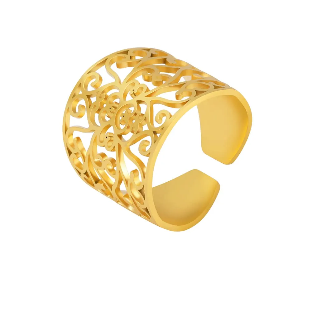 Amaxer Anello con nodo celtico irlandese da donna con motivo a vite in filigrana fiore della vita, geometria sacra ampia, regolabile, anello aperto spesso scavato fuori spiaggia - immagine 1