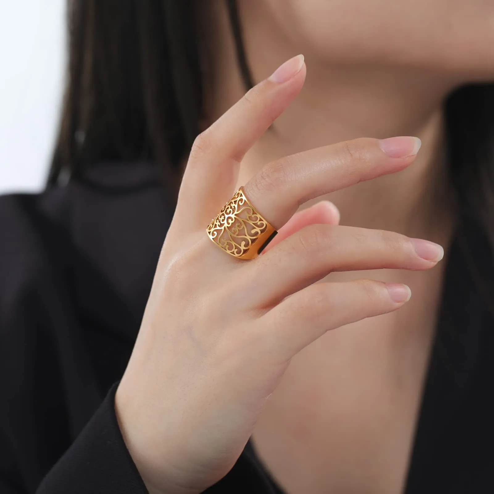Amaxer Anello con nodo celtico irlandese da donna con motivo a vite in filigrana fiore della vita, geometria sacra ampia, regolabile, anello aperto spesso scavato fuori spiaggia - immagine 2