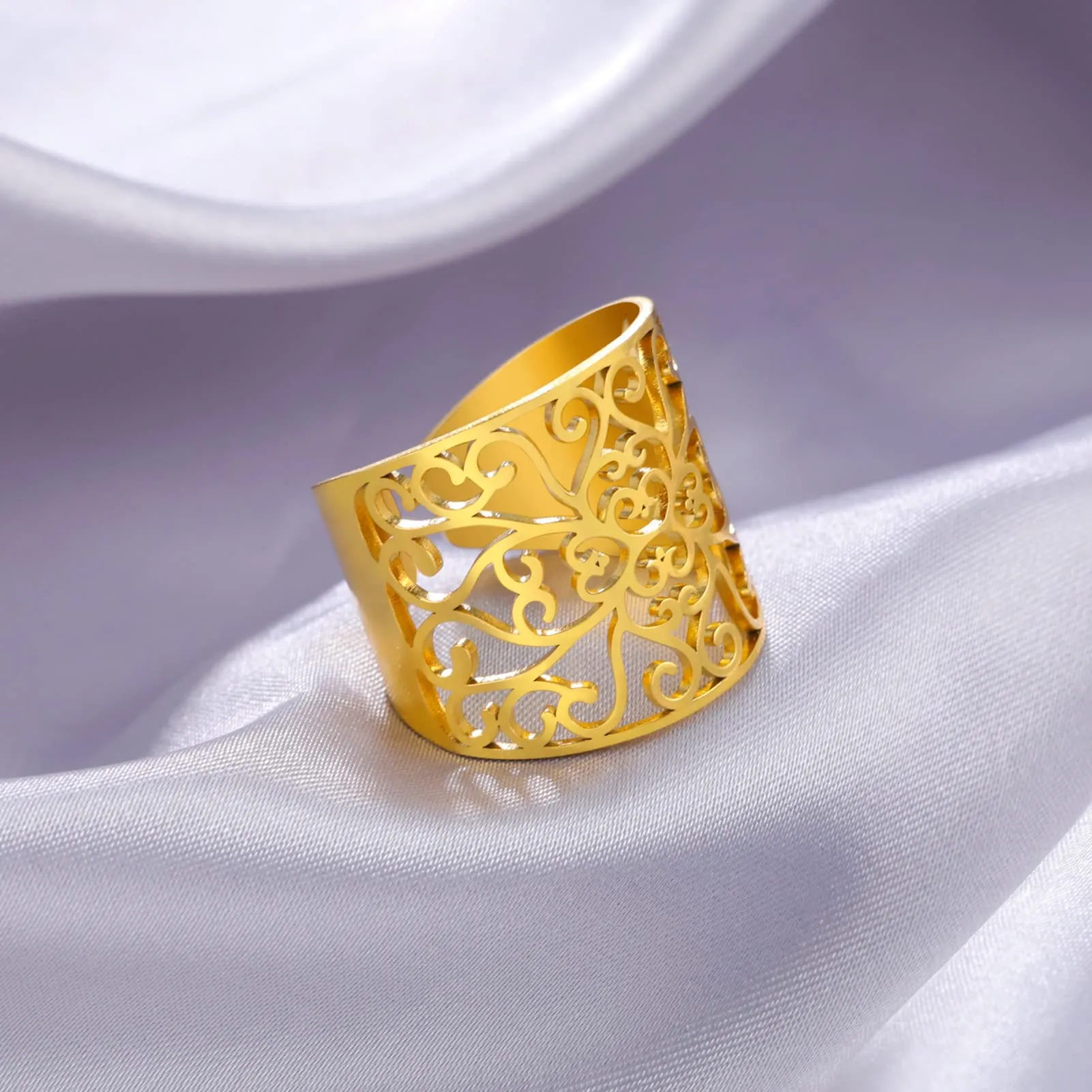 Amaxer Anello con nodo celtico irlandese da donna con motivo a vite in filigrana fiore della vita, geometria sacra ampia, regolabile, anello aperto spesso scavato fuori spiaggia - immagine 3