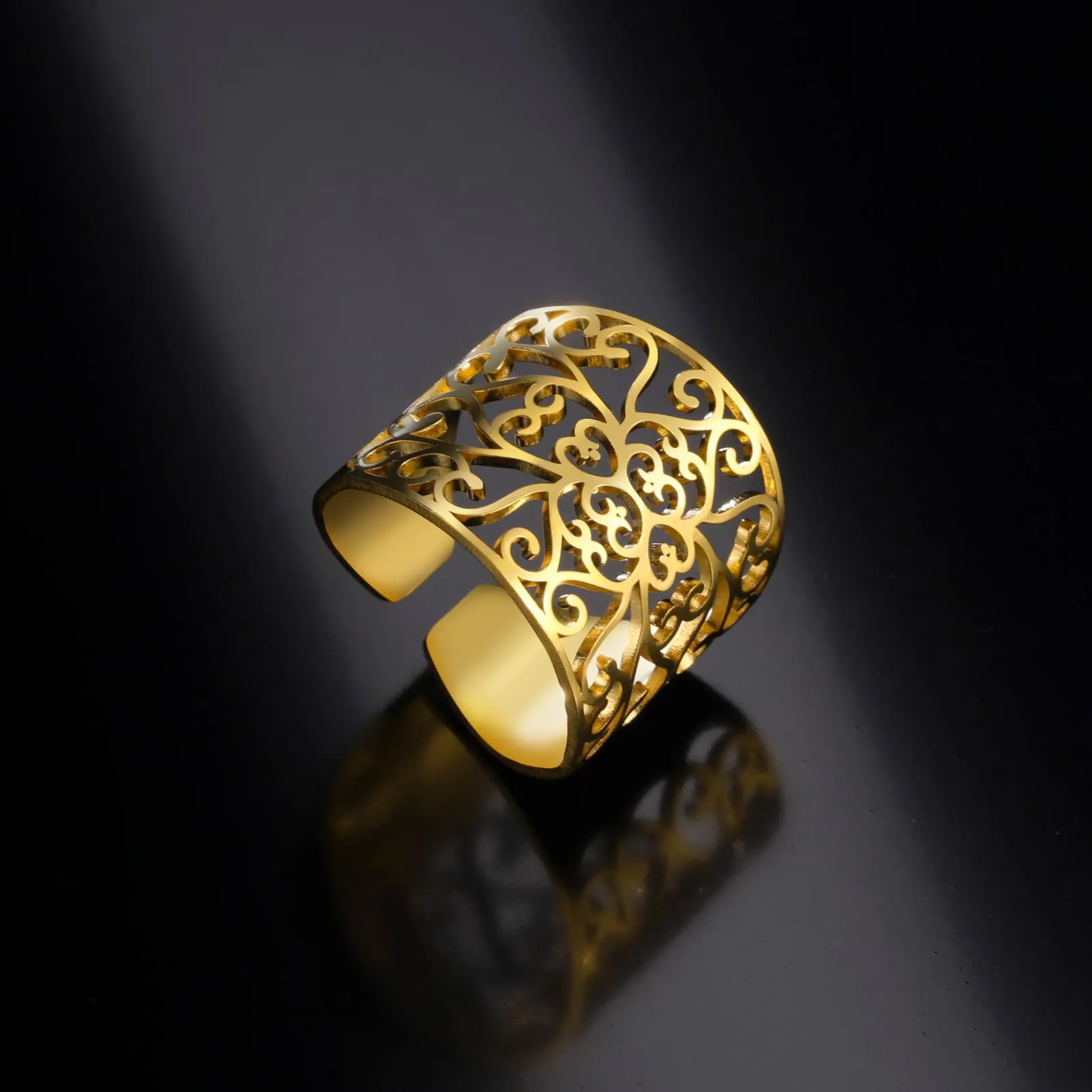 Amaxer Anello con nodo celtico irlandese da donna con motivo a vite in filigrana fiore della vita, geometria sacra ampia, regolabile, anello aperto spesso scavato fuori spiaggia - immagine 4