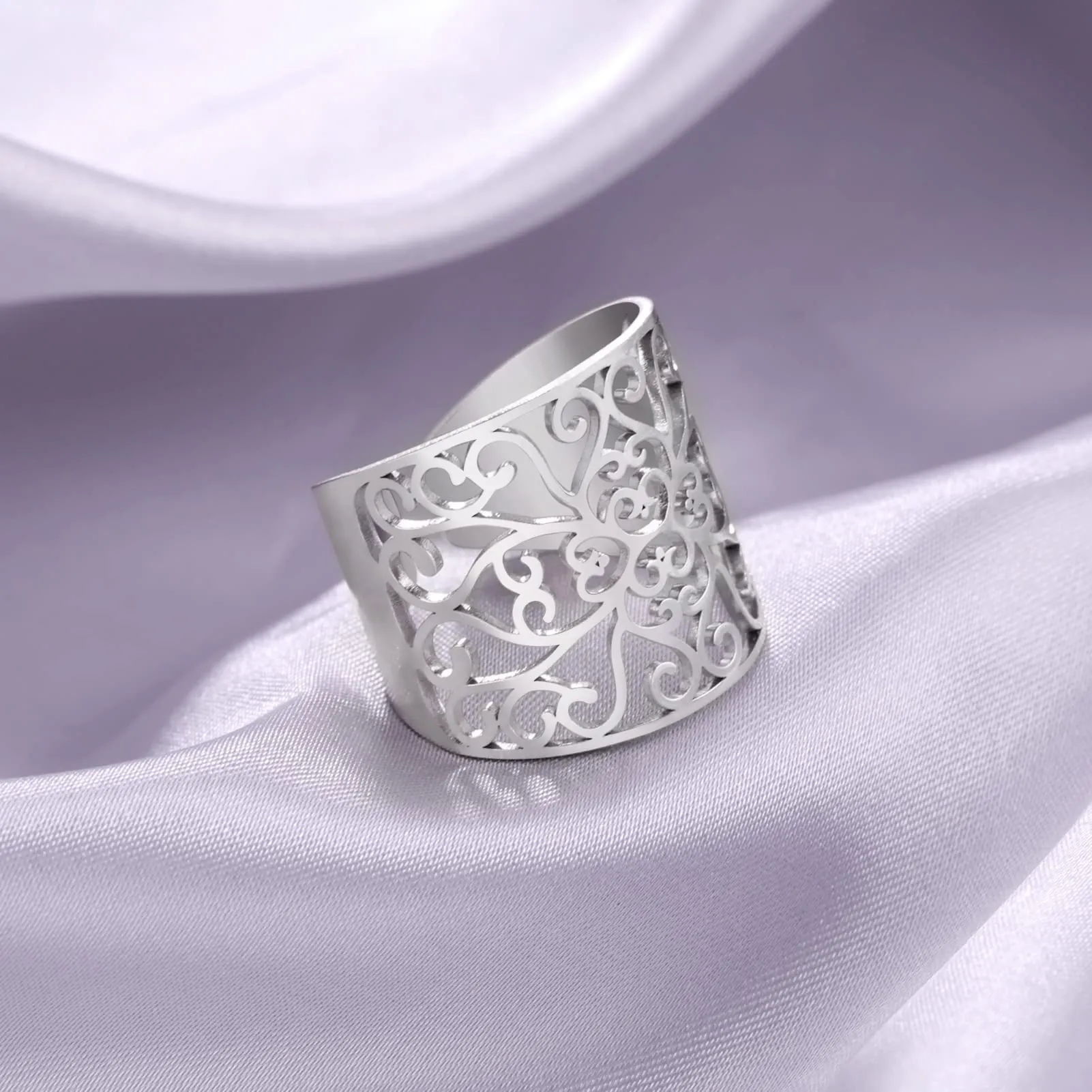 Amaxer Anello con nodo celtico irlandese da donna con motivo a vite in filigrana fiore della vita, geometria sacra ampia, regolabile, anello aperto spesso scavato fuori spiaggia - immagine 3