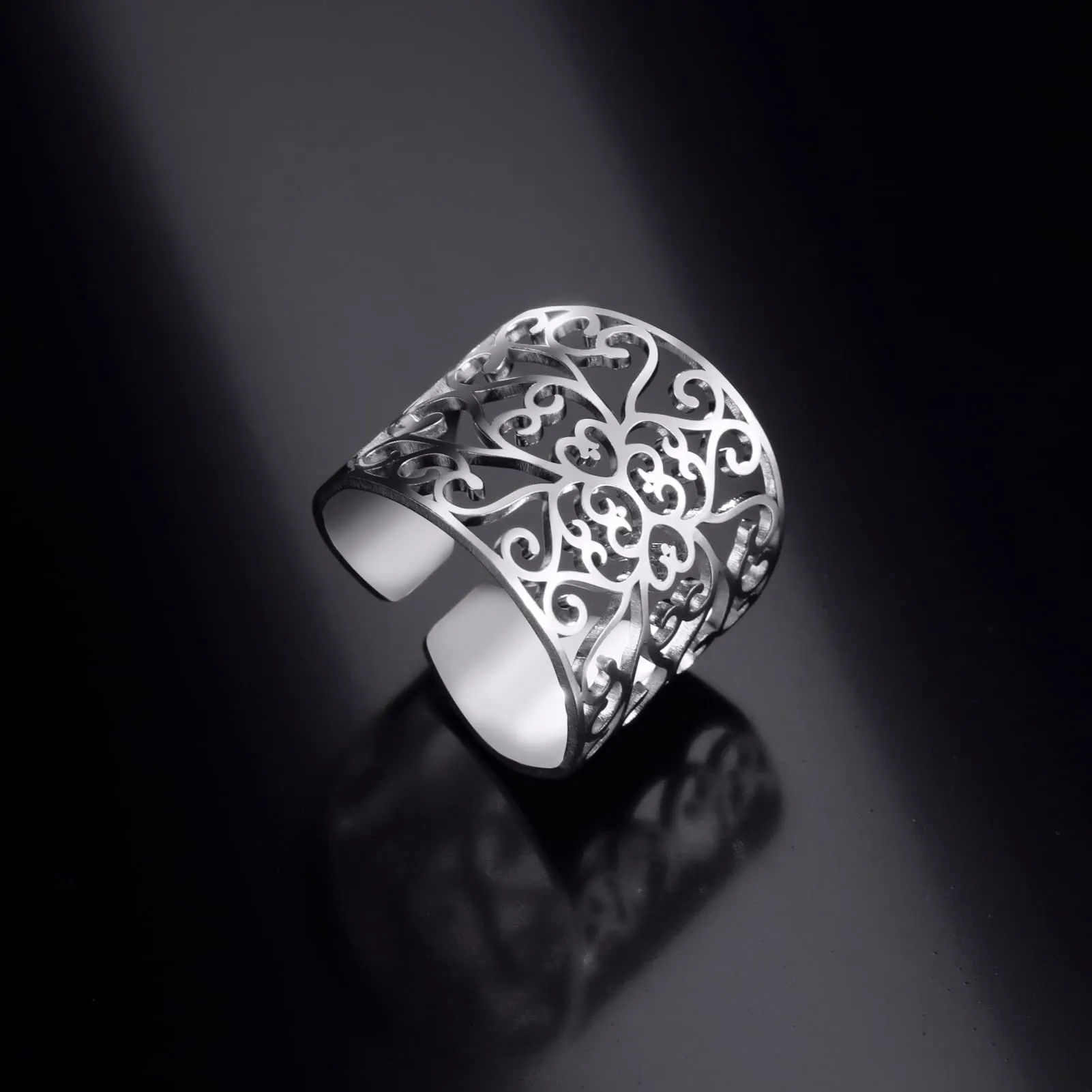 Amaxer Anello con nodo celtico irlandese da donna con motivo a vite in filigrana fiore della vita, geometria sacra ampia, regolabile, anello aperto spesso scavato fuori spiaggia - immagine 4