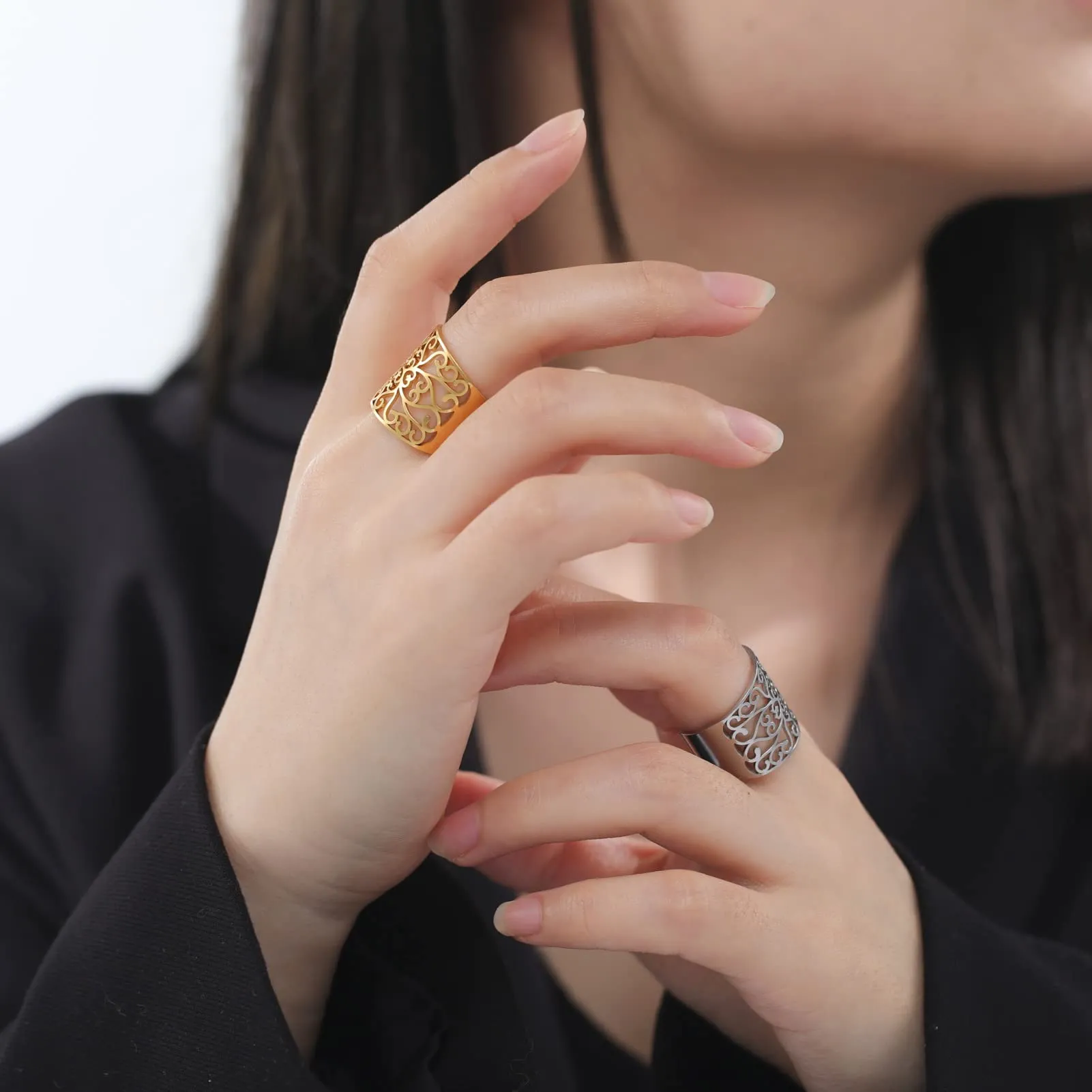 Amaxer Anello con nodo celtico irlandese da donna con motivo a vite in filigrana fiore della vita, geometria sacra ampia, regolabile, anello aperto spesso scavato fuori spiaggia - immagine 5