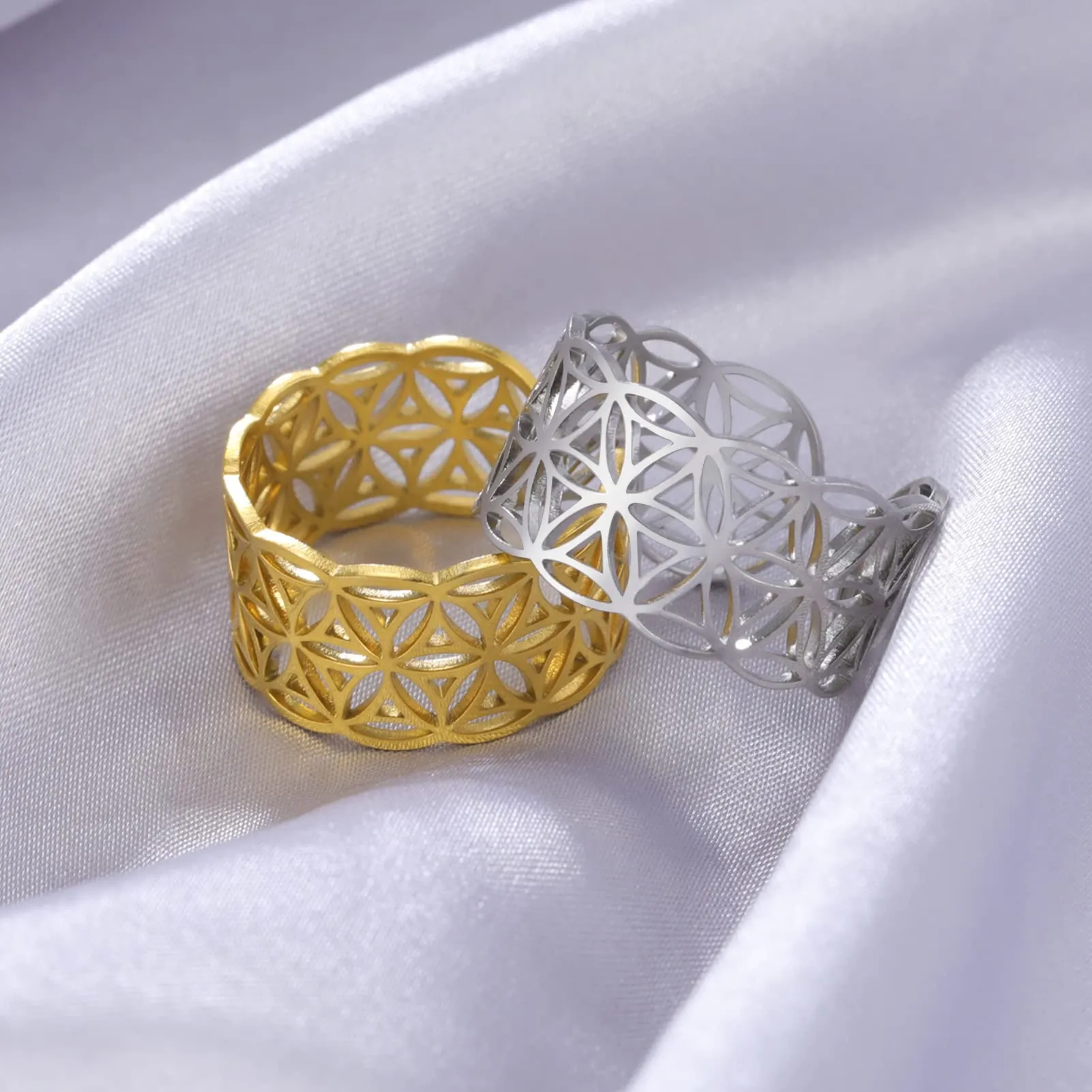 Amaxer Anello con nodo celtico irlandese da donna con motivo a vite in filigrana fiore della vita, geometria sacra ampia, regolabile, anello aperto spesso scavato fuori spiaggia, gioielli regalo - immagine 6
