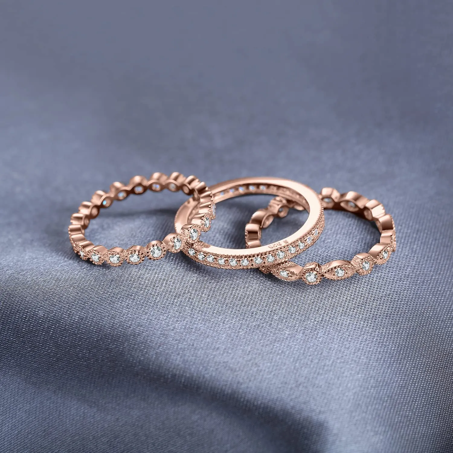 JewelryPalace 2.15ct Eternity Anello Infinito Donna Argento Con Cubica Zirconia, 3 Anelli Impilabili 925 Con Pietra a Taglio Marquise, Fedi Nuziali Oro Rosa Matrimonio Set Gioielli - immagine 5