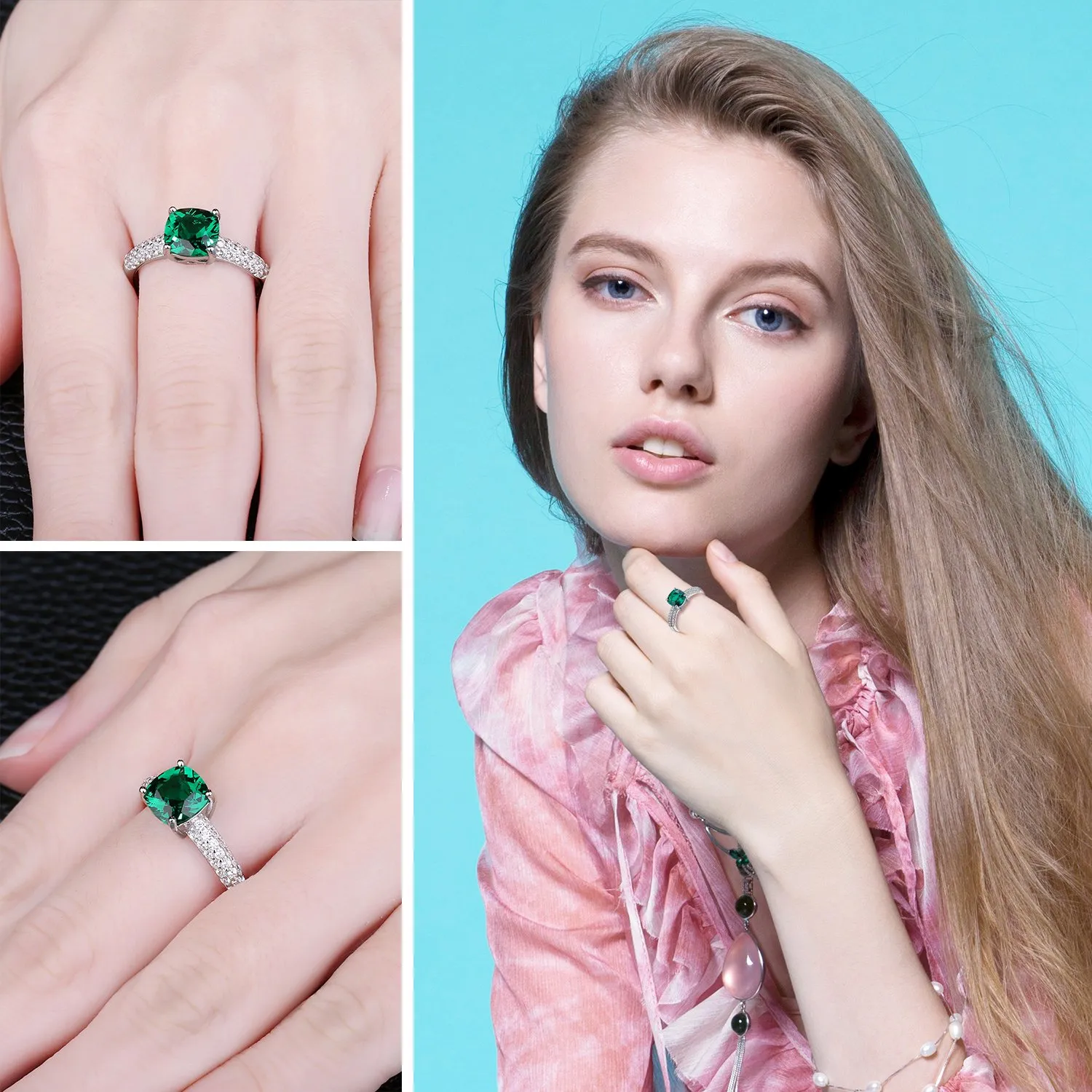 JewelryPalace Anelli Argento 925 Simulato Smeraldo, Anello Pietra Verde a Taglio Cuscino, Classico Anello Solitario Zirconia, Promessa Fedine Fidanzamento, Set Gioielli Donna 16 - immagine 5