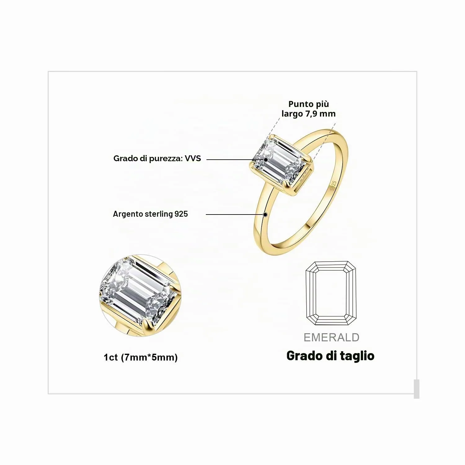 JewelryPalace 1ct Anello Solitario Donna Argento 925 con Creato Moissanite, Diamante Simulato Anelli Dorati con Pietra a Taglio Smeraldo, Semplice Fedine Fidanzamento in Oro Set Gioielli Donna 19.5 - immagine 2