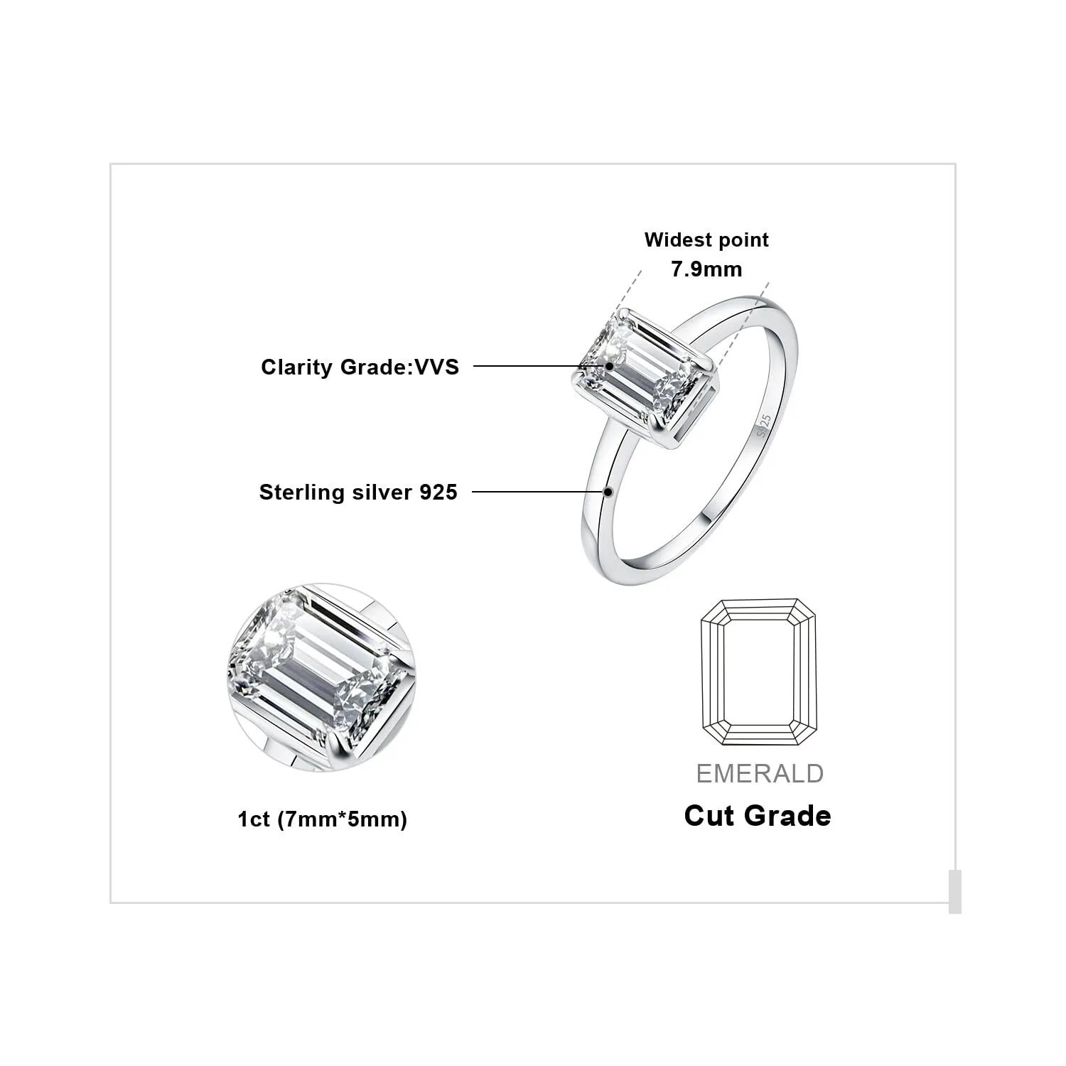 JewelryPalace 1ct Anello Solitario Donna Argento 925 con Creato Moissanite, Diamante Simulato Anelli con Pietra a Taglio Smeraldo, Semplice Fedine Fidanzamento in Argento Set Gioielli Donna 9.5 - immagine 2