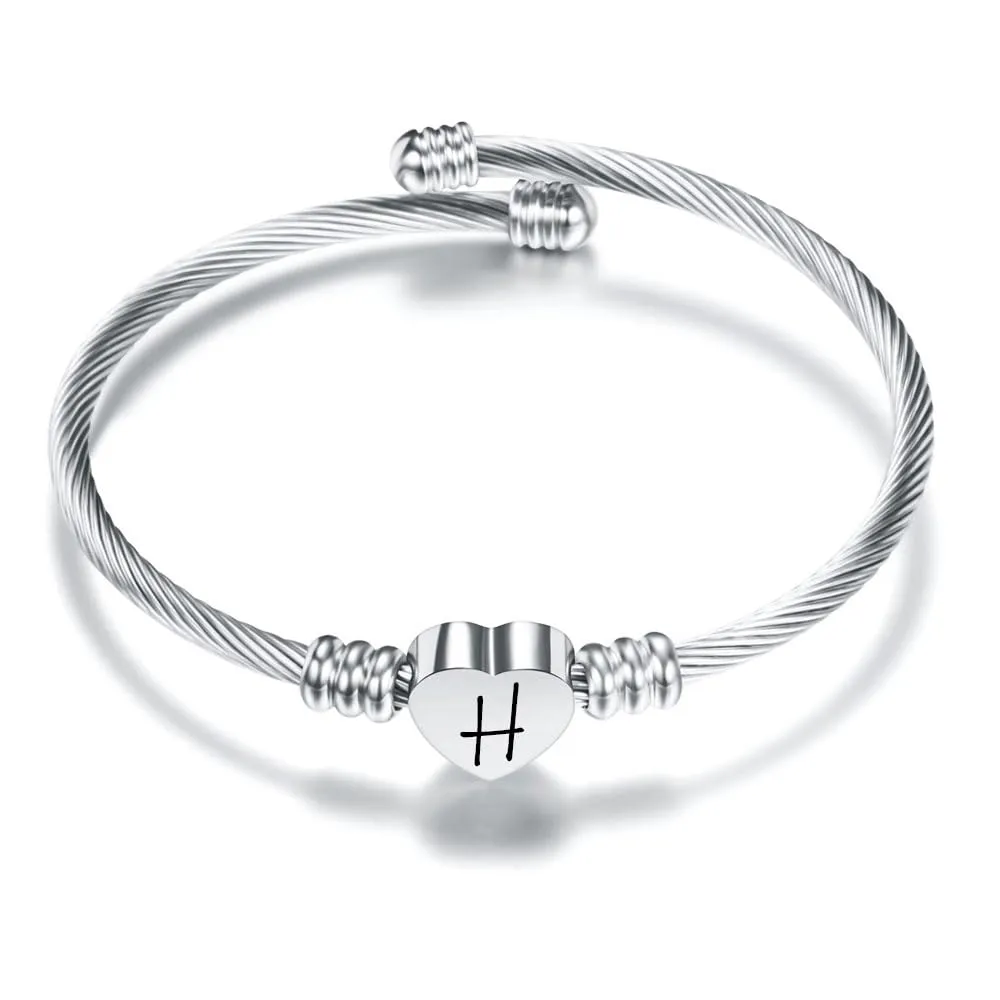 Suonie Argento Amore Cuore 26 Lettera Iniziale Alfabeto A-Z Polsino Bracciale Gioielli Regolabili Regalo Per Figlia Figlio Sorelle Amici Mamma Collega Amante Compleanno Natale (H) - immagine 1