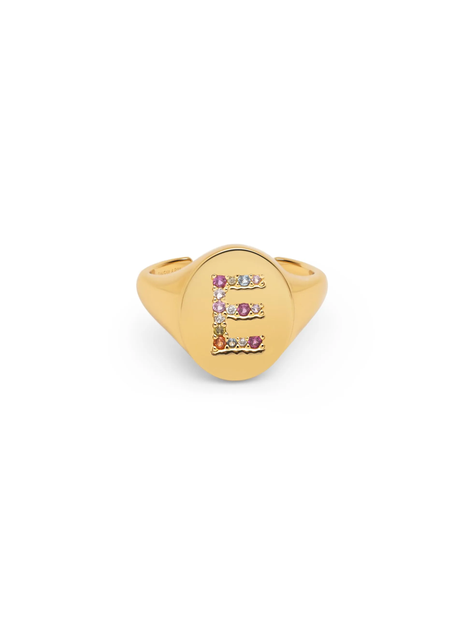 SINGULARU - Anello Personalizzato Signet Letter Colors. Ottone con Finitura Placcata Oro 18Kt. Anello con Motivo Lettera e Zirconi Colorati. Gioielli da Donna. Lettera E - immagine 1