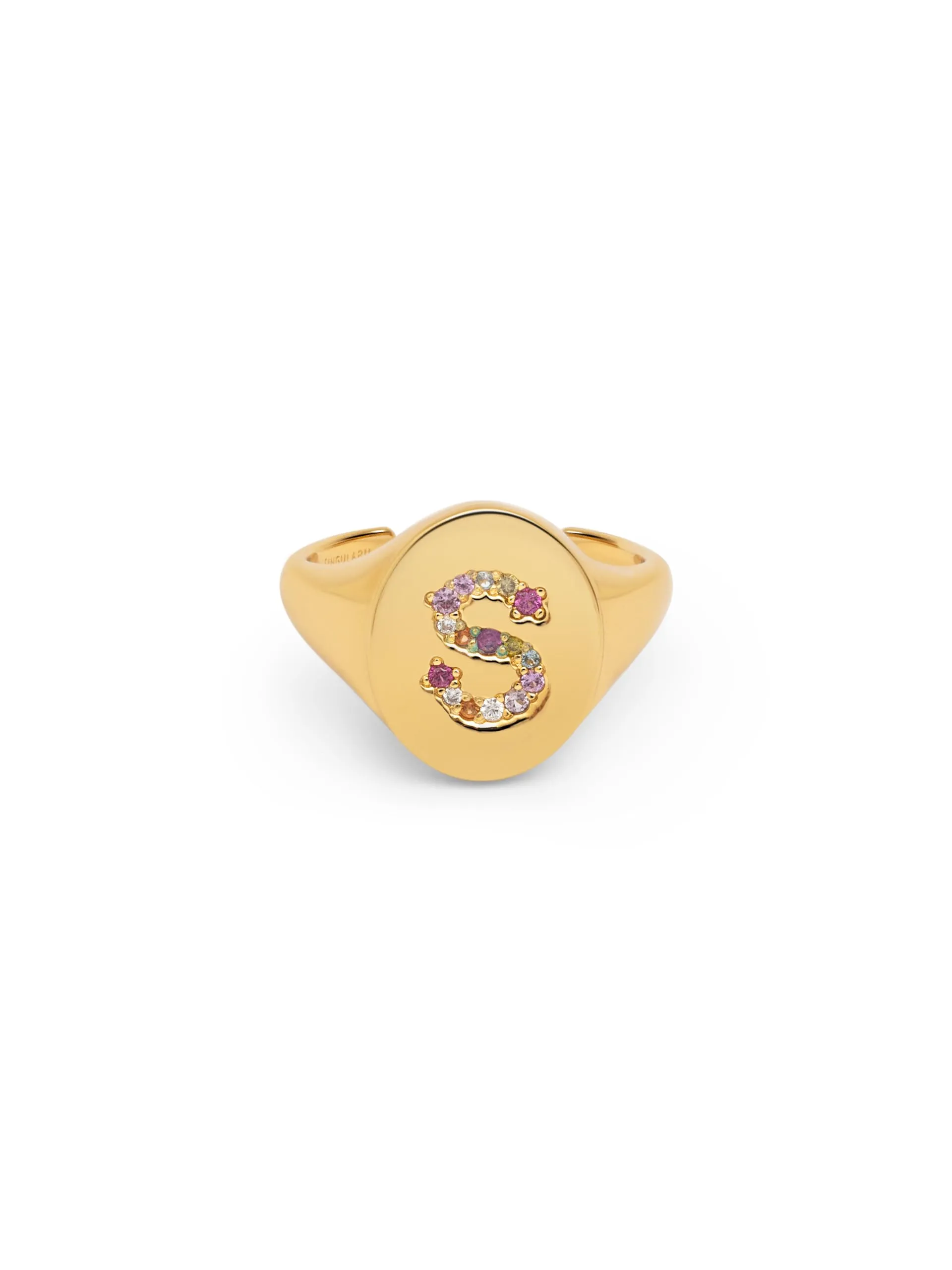 SINGULARU - Anello Personalizzato Signet Letter Colors. Ottone con Finitura Placcata Oro 18Kt. Anello con Motivo Lettera e Zirconi Colorati. Gioielli da Donna. Lettera S - immagine 1