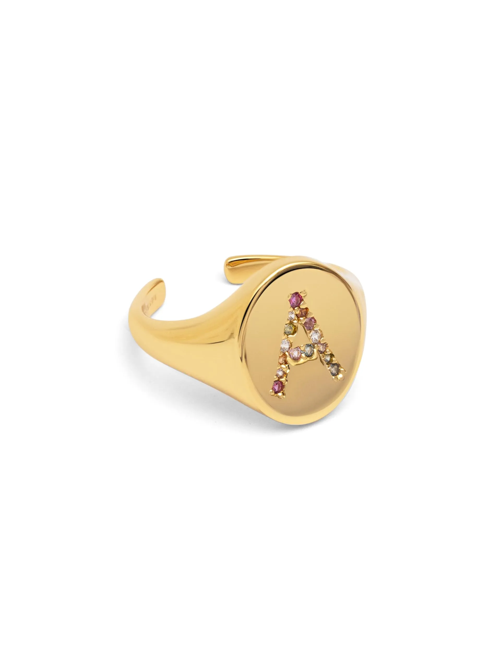 SINGULARU - Anello Personalizzato Signet Letter Colors. Ottone con Finitura Placcata Oro 18Kt. Anello con Motivo Lettera e Zirconi Colorati. Gioielli da Donna. Lettera M - immagine 3