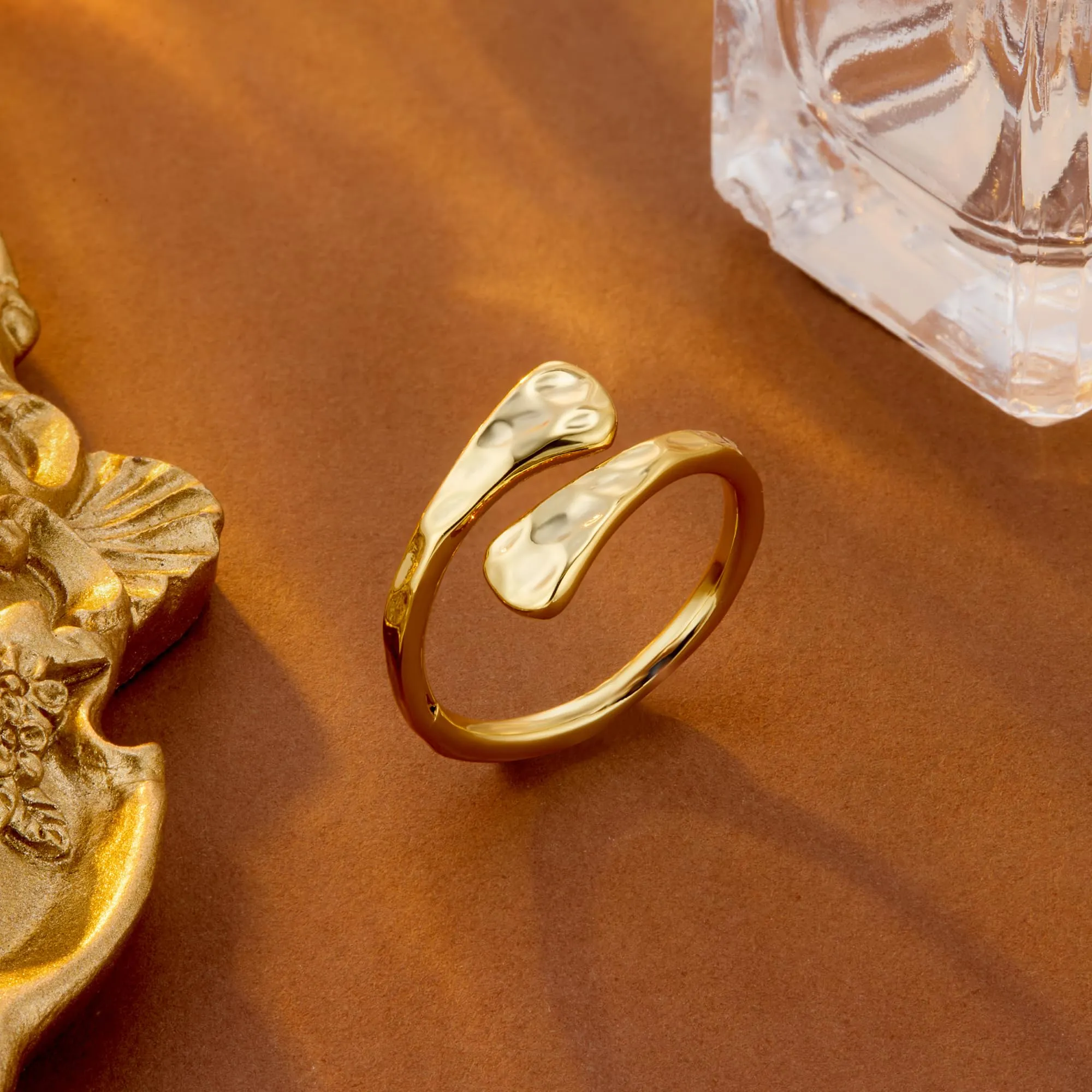 Anello Donna Acciaio Inox Oro 14K Piatto Floreale Aperto Regolabile - immagine 4