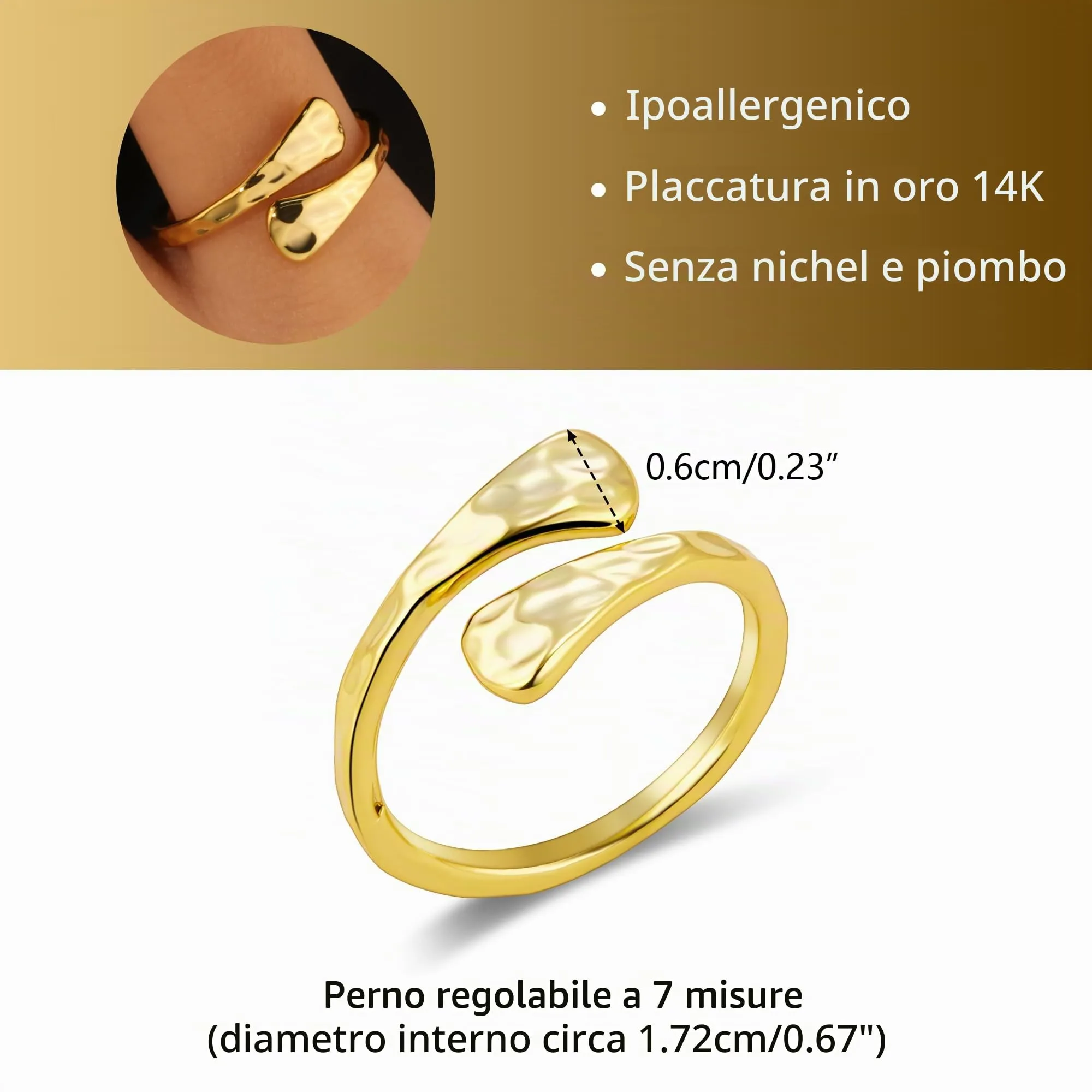 Anello Donna Acciaio Inox Oro 14K Piatto Floreale Aperto Regolabile - immagine 5
