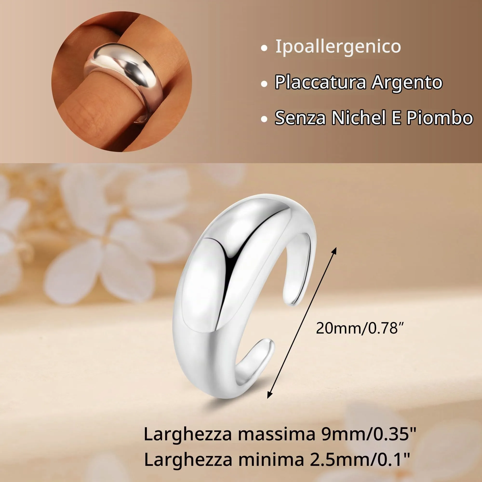 ALEXCRAFT Chunky Anello Donna Argento Liscio Aperto Regolabile da Pollice - immagine 3