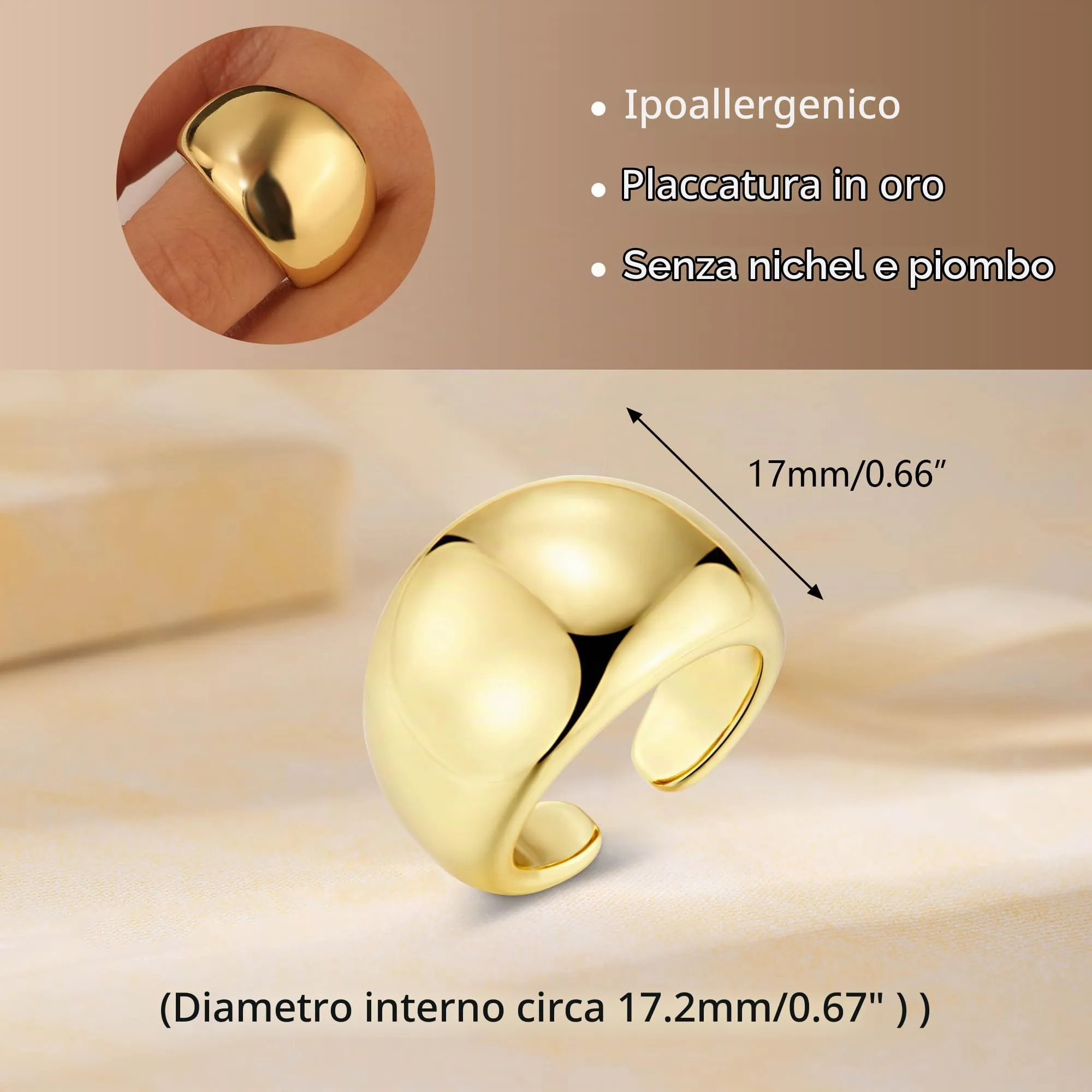 ALEXCRAFT Anello Donna Oro 18K Largo Chunky Aperto Regolabile da Pollice - immagine 4
