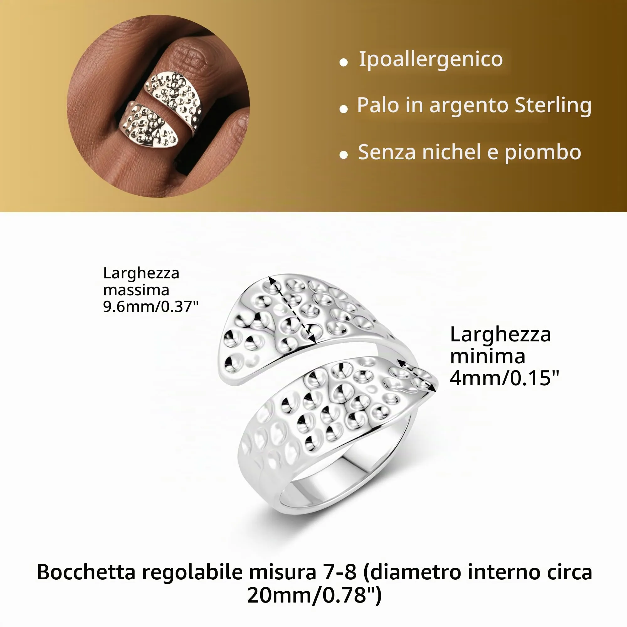 ALEXCRAFT Anello Donna Argento Martellato Chunky Aperto Regolabile - immagine 5