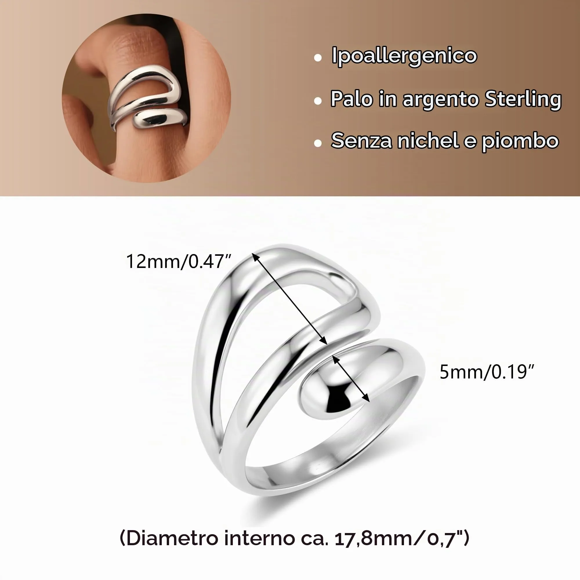 ALEXCRAFT Anello Donna Acciaio Argento Traforato Goccia Aperto Regolabile - immagine 3