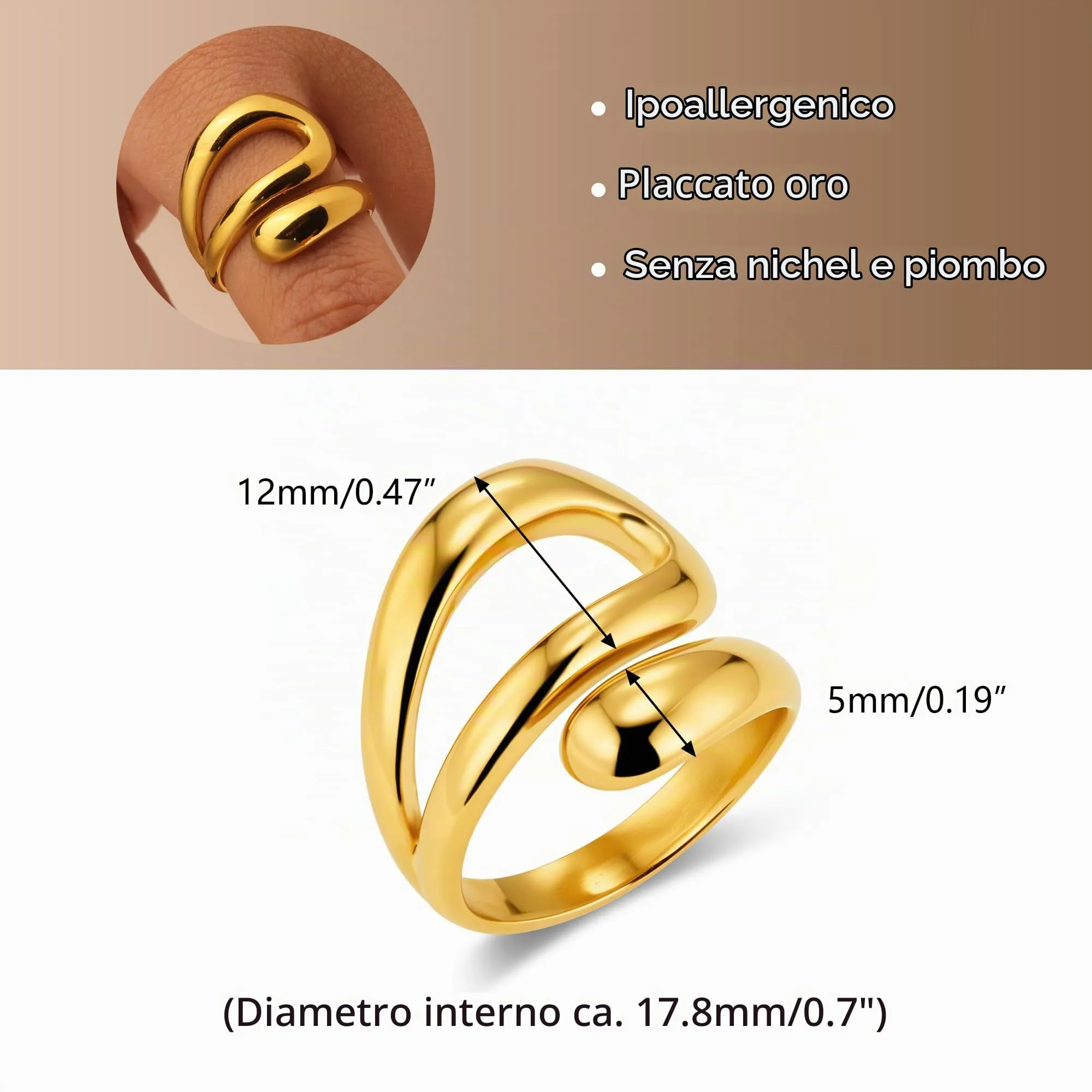 ALEXCRAFT Anello Donna Acciaio Inox Oro Traforato Goccia Aperto Regolabile - immagine 3