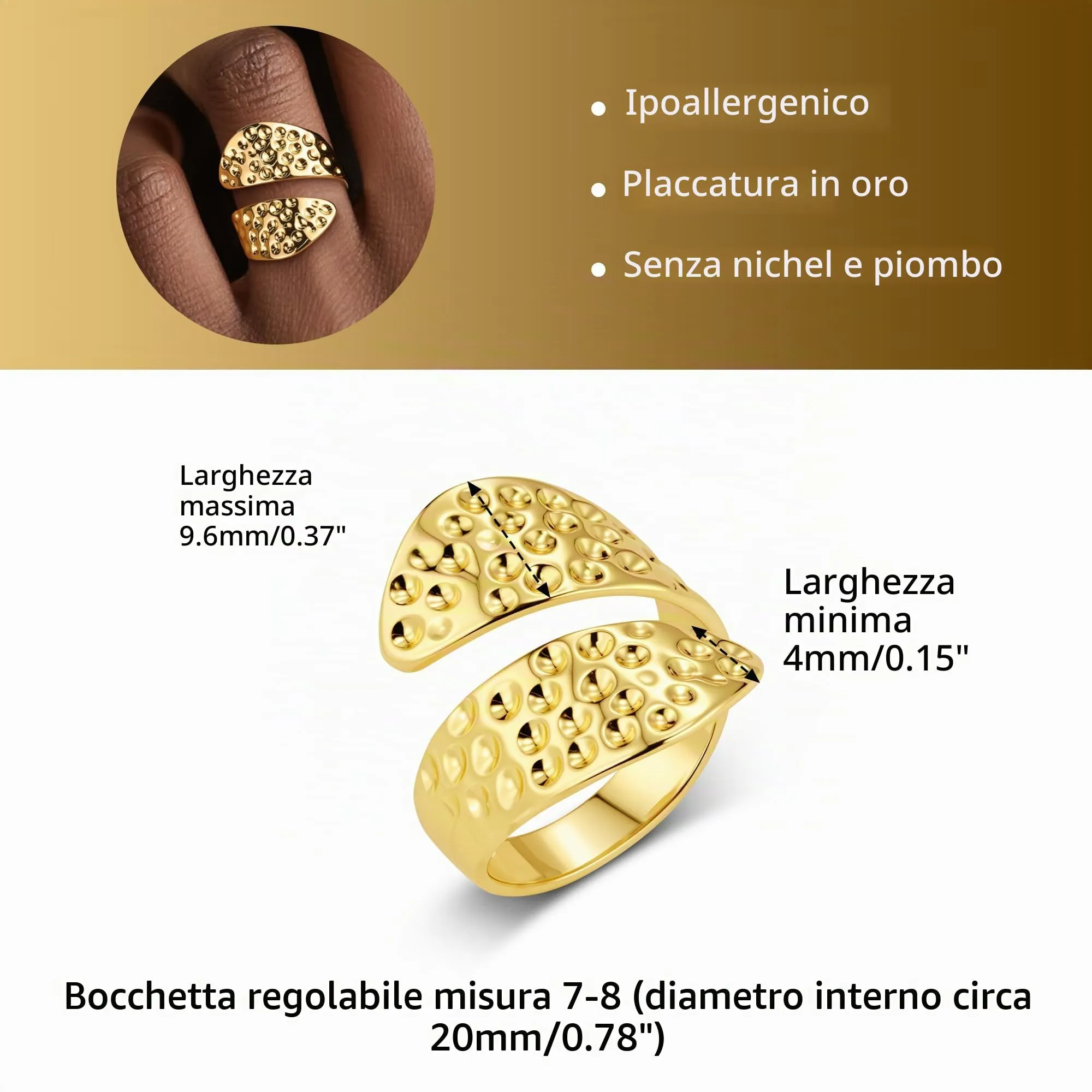 ALEXCRAFT Chunky Anello Oro Donna Martellato Aperto Regolabile - immagine 5