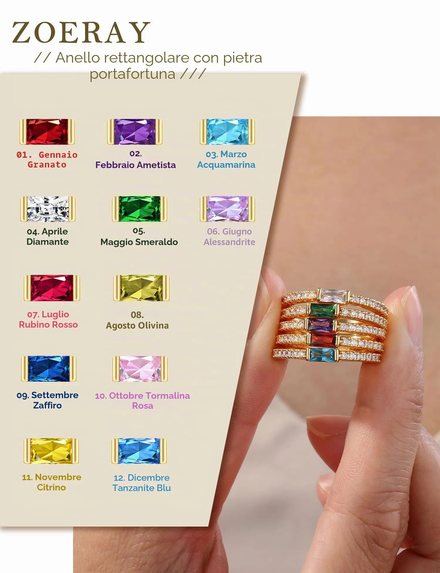 ZOERAY Anelli Donna con Pierre D'anniversaire Anello Oro Donna 18k con Moissanite Acquamarina Ametista Fedine Fidanzamento Fedi Nuziali Anello con Pietra Verde Mignolo Pollice Regalo Compleanno - immagine 5