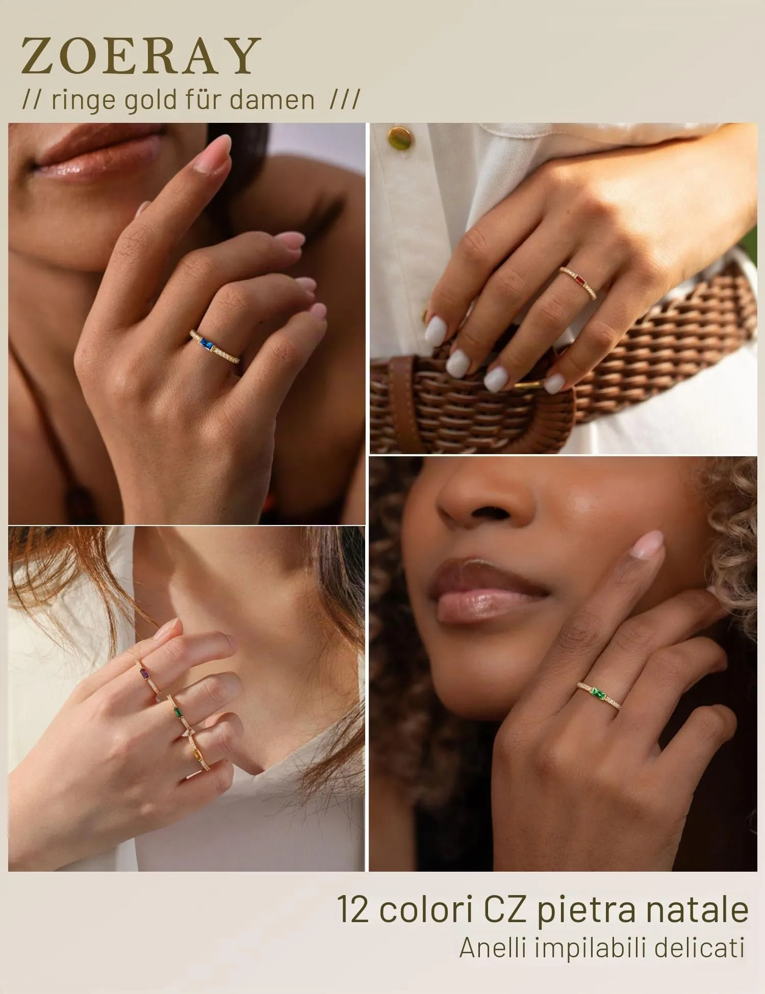 ZOERAY Anelli Donna con Pierre D'anniversaire Anello Oro Donna 18k con Moissanite Acquamarina Ametista Fedine Fidanzamento Fedi Nuziali Anello con Pietra Verde Mignolo Pollice Regalo Compleanno - immagine 6