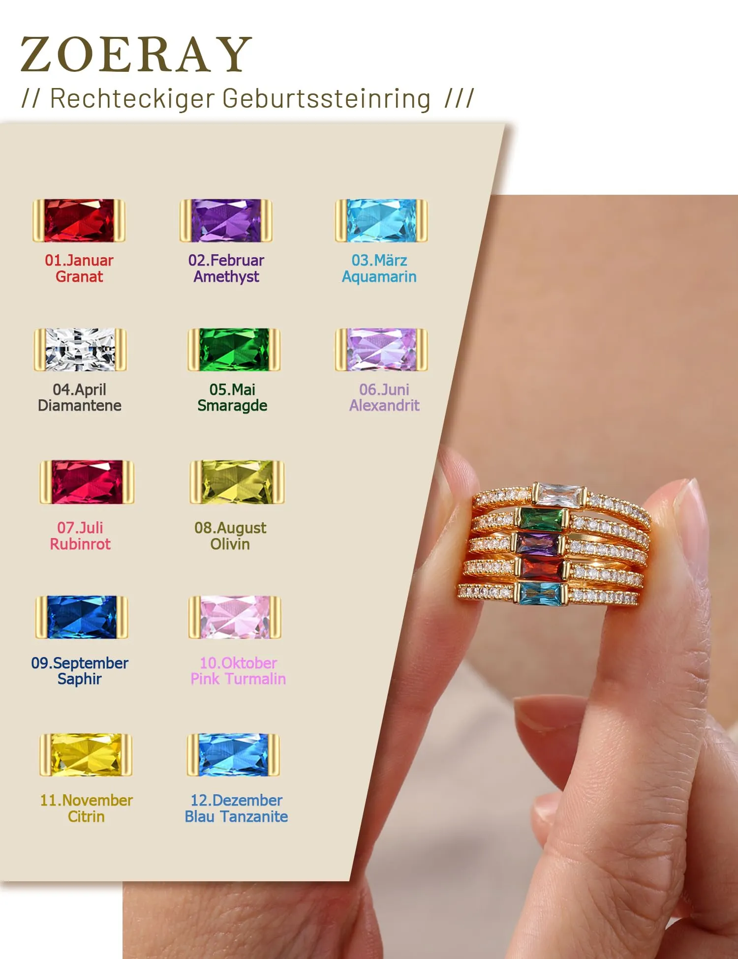 ZOERAY Anelli Donna con Pierre D'anniversaire Anello Oro Donna 18k con Moissanite Acquamarina Ametista Fedine Fidanzamento Fedi Nuziali Anello con Pietra Verde Mignolo Pollice Regalo Compleanno - immagine 5
