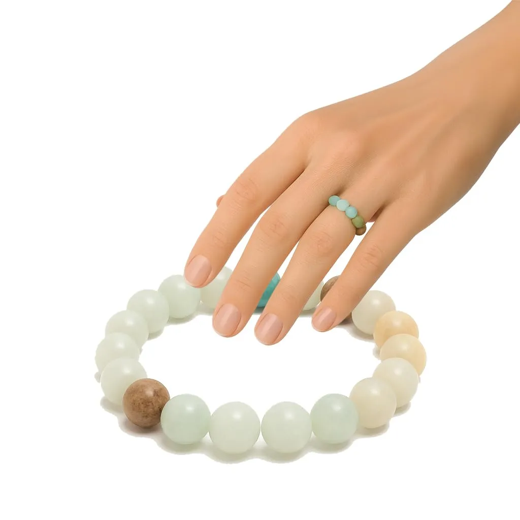 PURAJA Anello con pietra preziosa vera pietra naturale: amazzonite | Anello elastico antistress | Con perle da 3 mm in minerali di alta qualità - immagine 1
