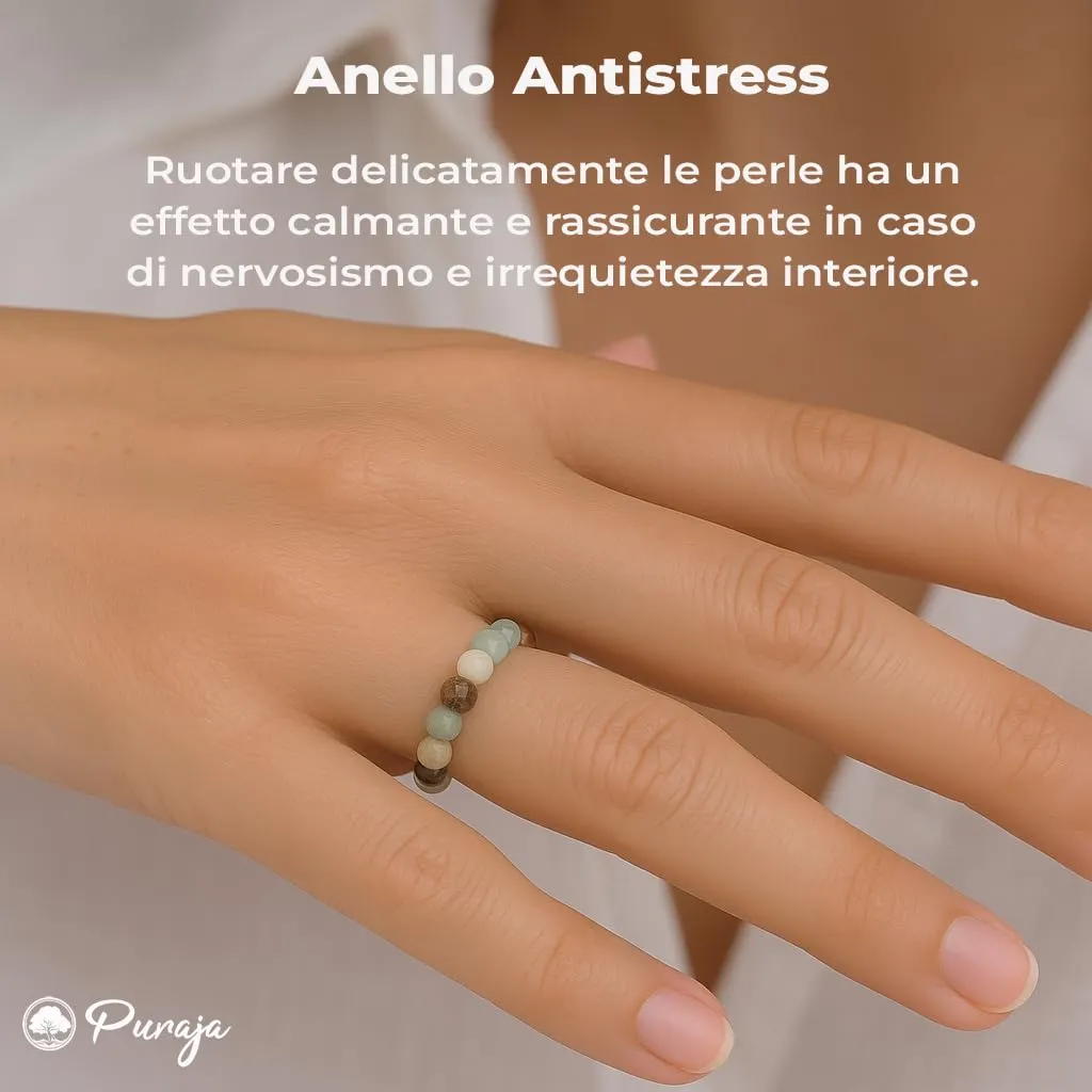 PURAJA Anello con pietra preziosa vera pietra naturale: amazzonite | Anello elastico antistress | Con perle da 3 mm in minerali di alta qualità - immagine 3