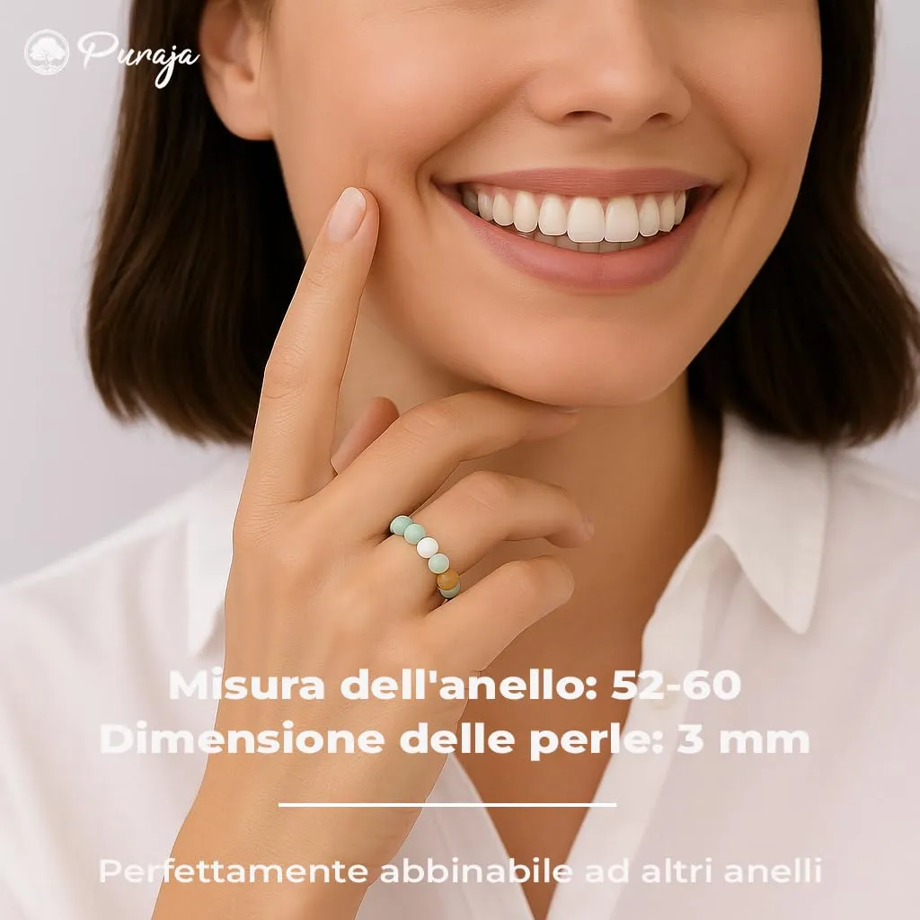 PURAJA Anello con pietra preziosa vera pietra naturale: amazzonite | Anello elastico antistress | Con perle da 3 mm in minerali di alta qualità - immagine 4