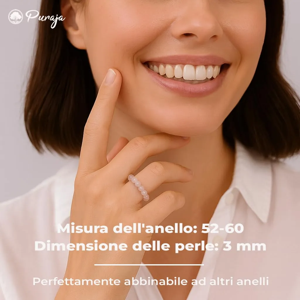 PURAJA Anello con pietra preziosa vera pietra naturale: Quarzo Rosa | Anello elastico antistress | Con perle da 3 mm in minerali di alta qualità - immagine 4