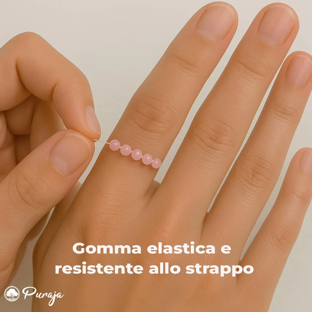 PURAJA Anello con pietra preziosa vera pietra naturale: Quarzo Rosa | Anello elastico antistress | Con perle da 3 mm in minerali di alta qualità - immagine 5