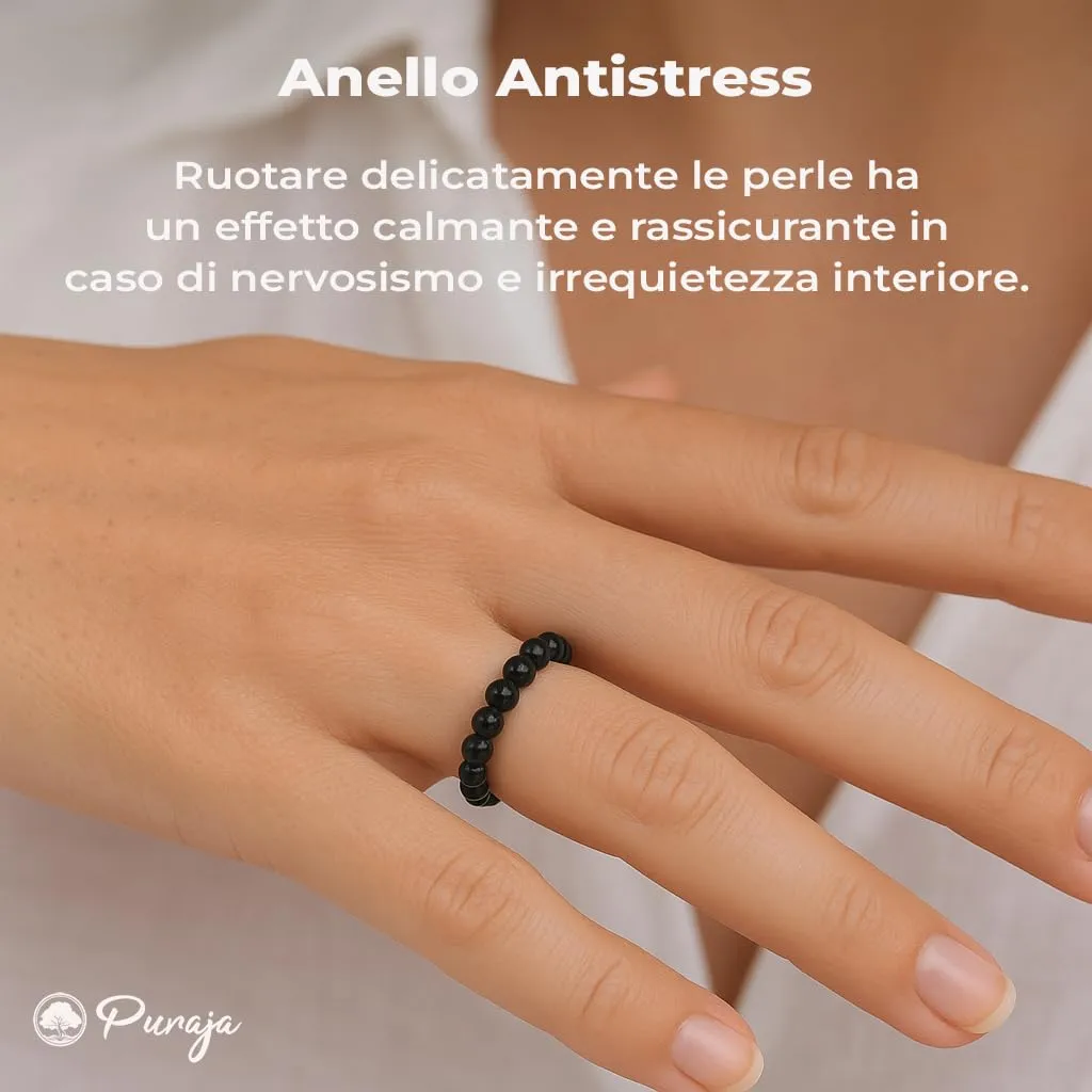 PURAJA Anello con pietra preziosa vera pietra naturale: Tormalina | Anello elastico antistress | Con perle da 3 mm in minerali di alta qualità - immagine 3