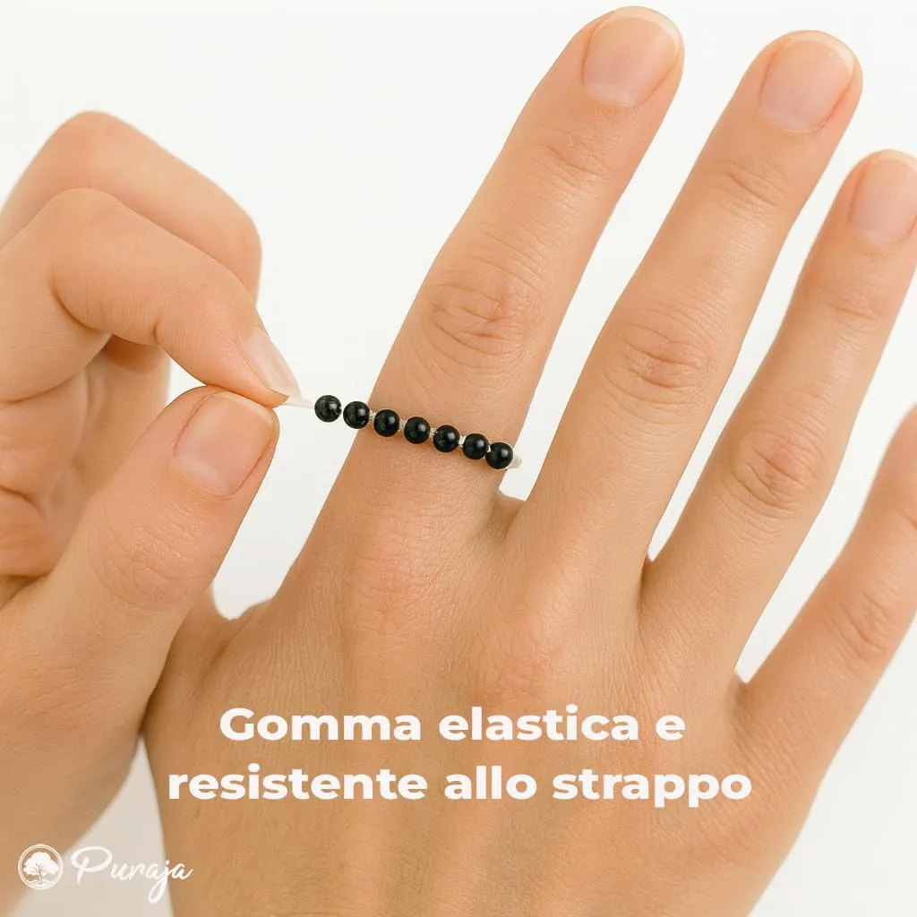 PURAJA Anello con pietra preziosa vera pietra naturale: Tormalina | Anello elastico antistress | Con perle da 3 mm in minerali di alta qualità - immagine 5
