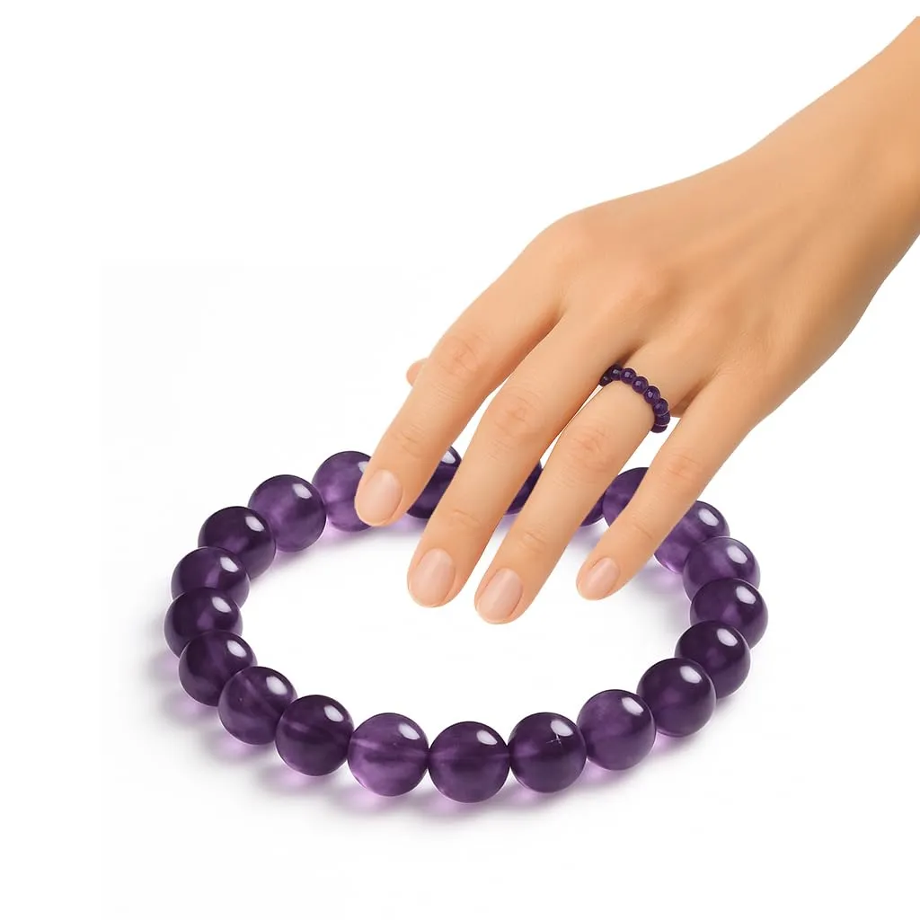 PURAJA Anello con pietra preziosa vera pietra naturale: Ametista | Anello elastico antistress | Con perle da 3 mm in minerali di alta qualità - immagine 1