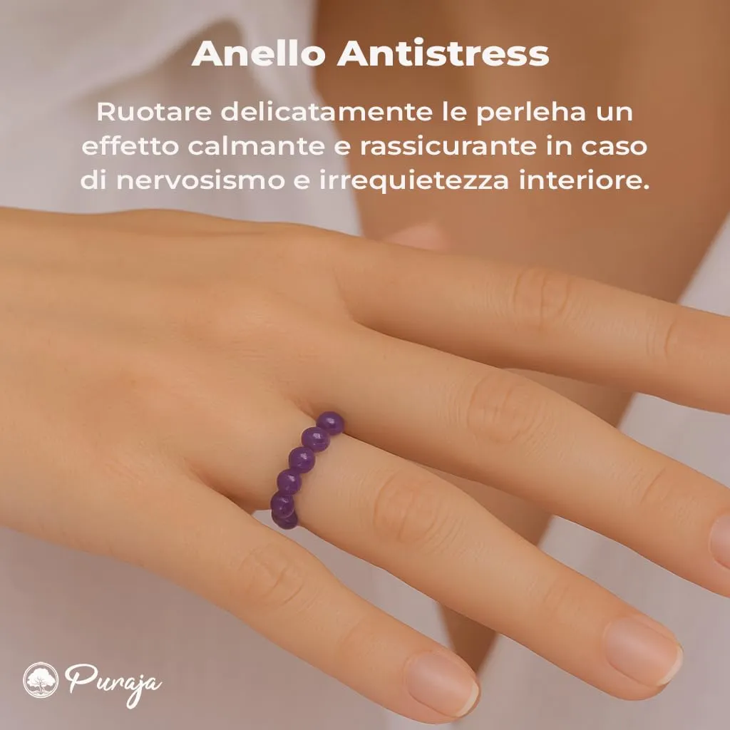 PURAJA Anello con pietra preziosa vera pietra naturale: Ametista | Anello elastico antistress | Con perle da 3 mm in minerali di alta qualità - immagine 3