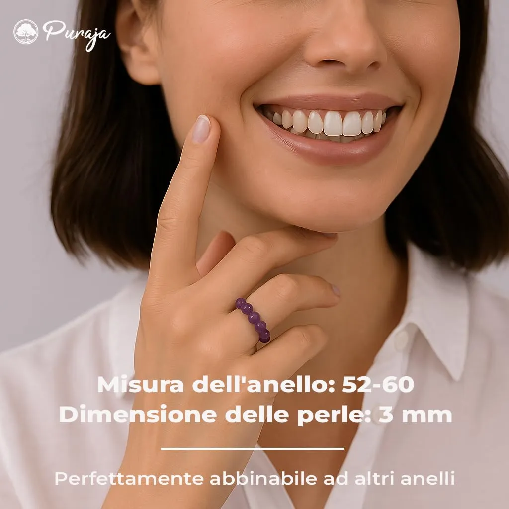 PURAJA Anello con pietra preziosa vera pietra naturale: Ametista | Anello elastico antistress | Con perle da 3 mm in minerali di alta qualità - immagine 4