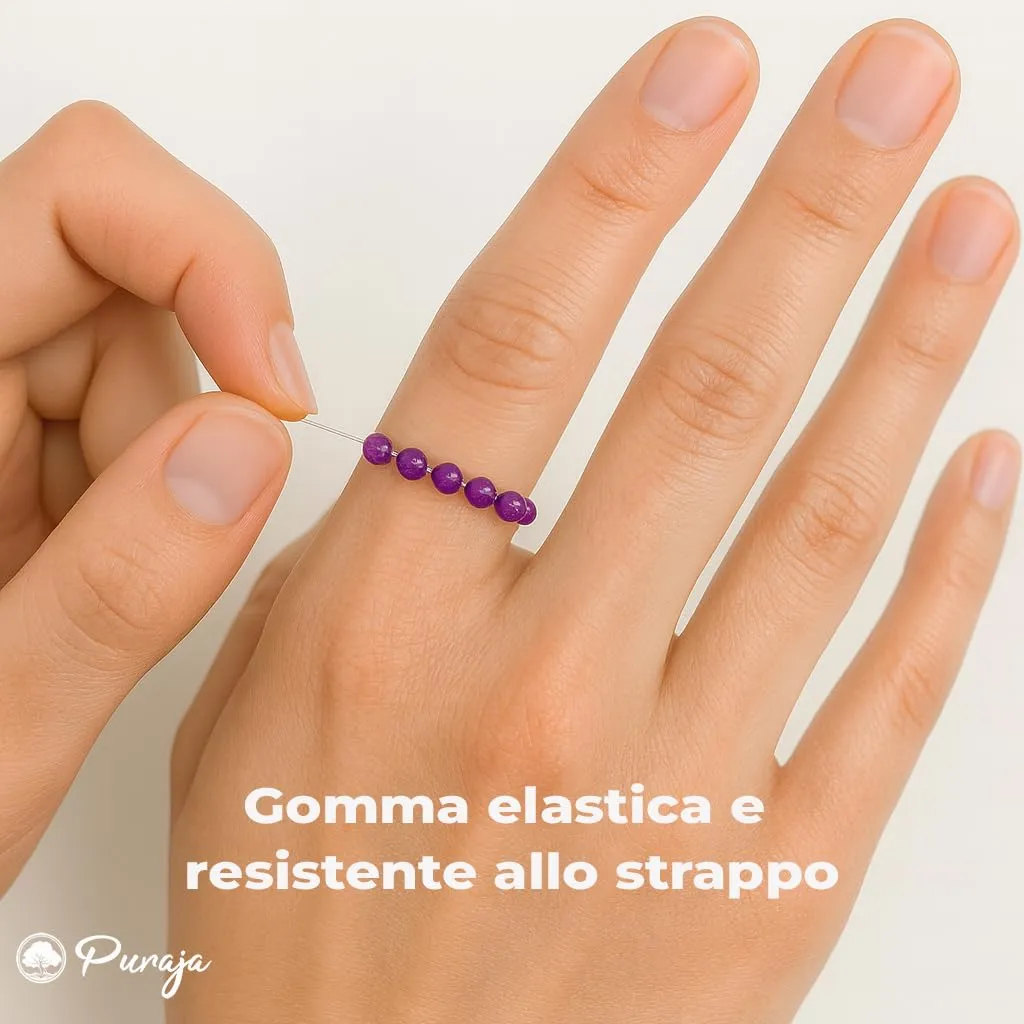PURAJA Anello con pietra preziosa vera pietra naturale: Ametista | Anello elastico antistress | Con perle da 3 mm in minerali di alta qualità - immagine 5