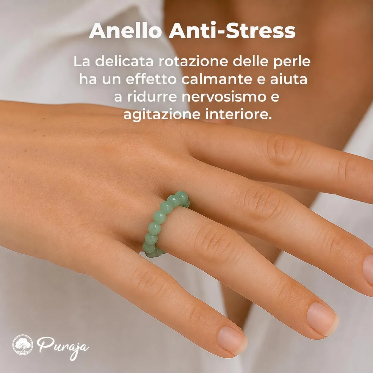 PURAJA Anello con pietra preziosa vera pietra naturale: Aventurina | Anello elastico antistress | Con perle da 3 mm in minerali di alta qualità - immagine 3