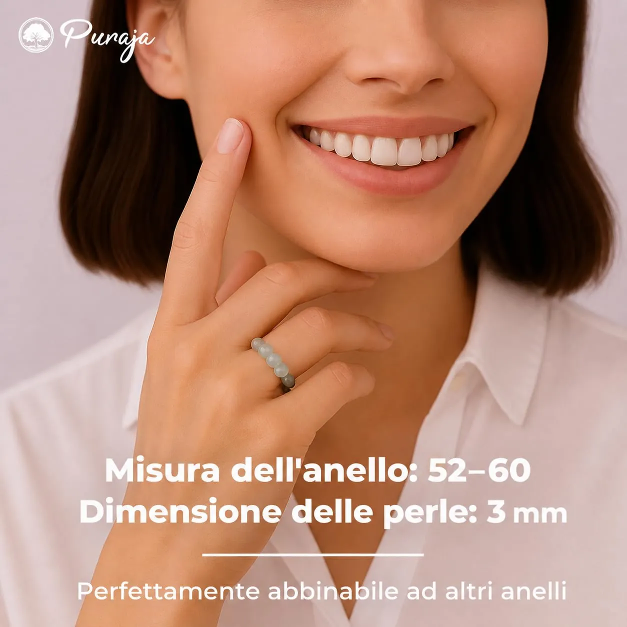 PURAJA Anello con pietra preziosa vera pietra naturale: Aventurina | Anello elastico antistress | Con perle da 3 mm in minerali di alta qualità - immagine 4