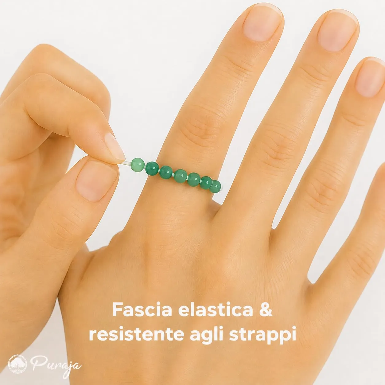 PURAJA Anello con pietra preziosa vera pietra naturale: Aventurina | Anello elastico antistress | Con perle da 3 mm in minerali di alta qualità - immagine 5