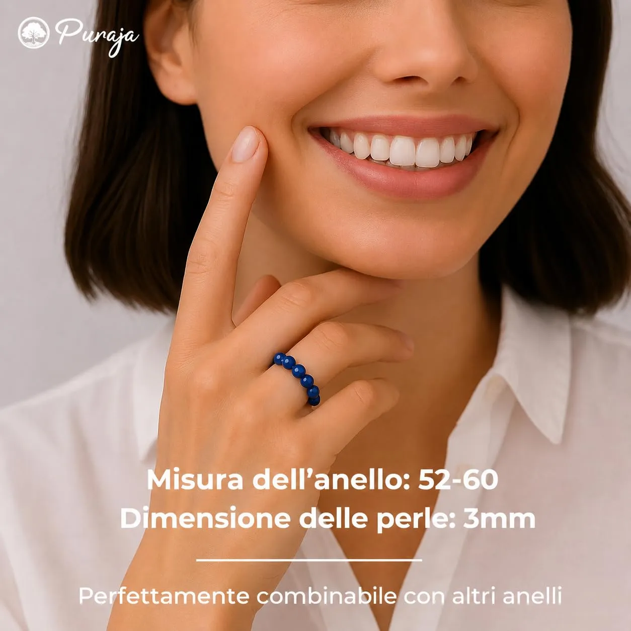 PURAJA Anello con pietra preziosa Lapislazzuli Naturale | Anello elastico antistress | Con perline da 3 mm realizzate con minerali di alta qualità - immagine 4