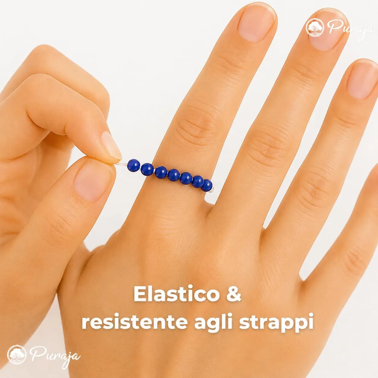 PURAJA Anello con pietra preziosa Lapislazzuli Naturale | Anello elastico antistress | Con perline da 3 mm realizzate con minerali di alta qualità - immagine 5
