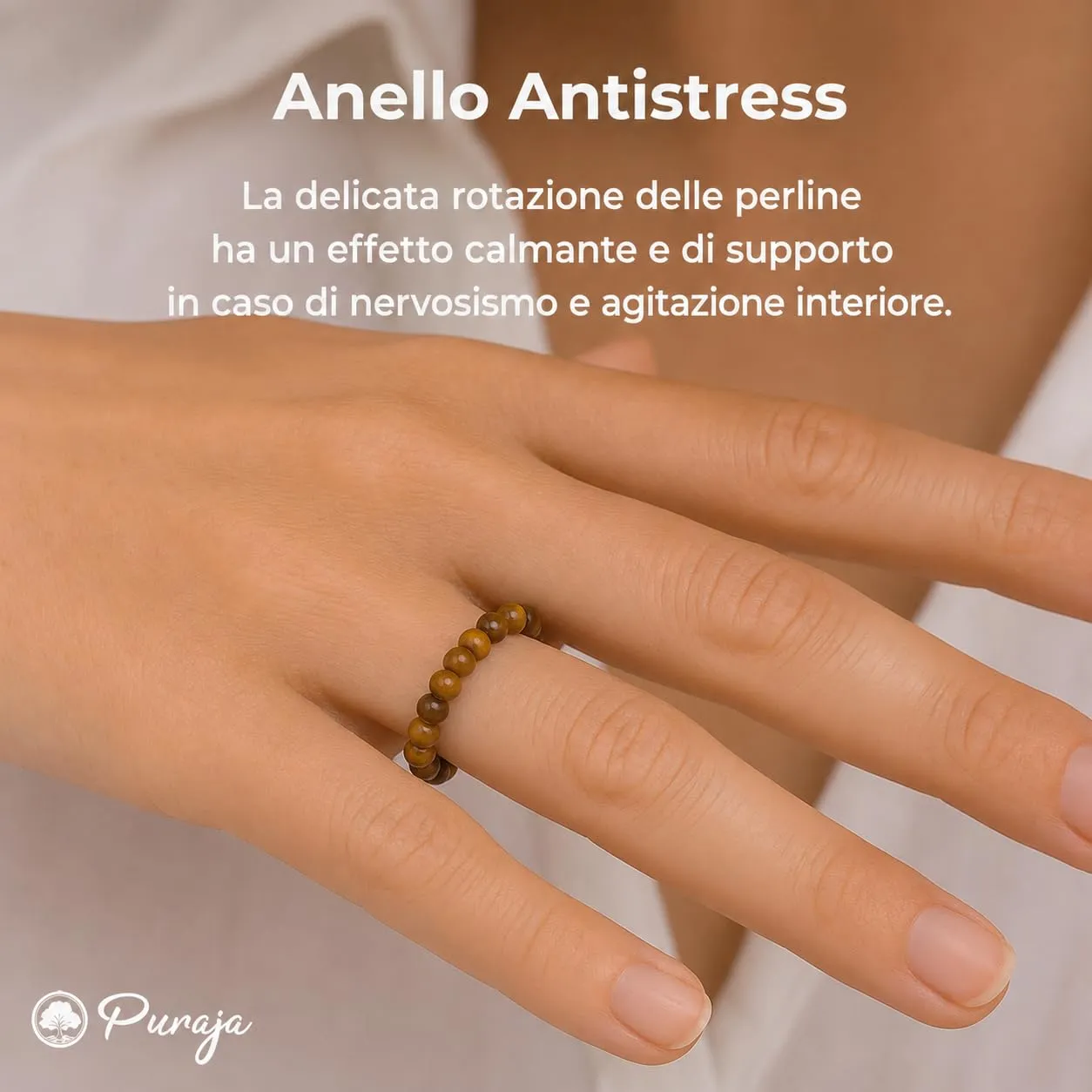 PURAJA Anello con pietra preziosa pietra naturale autentica: Occhio di tigre | Anello elastico antistress | Con perline da 3 mm realizzate con minerali di alta qualità - immagine 3