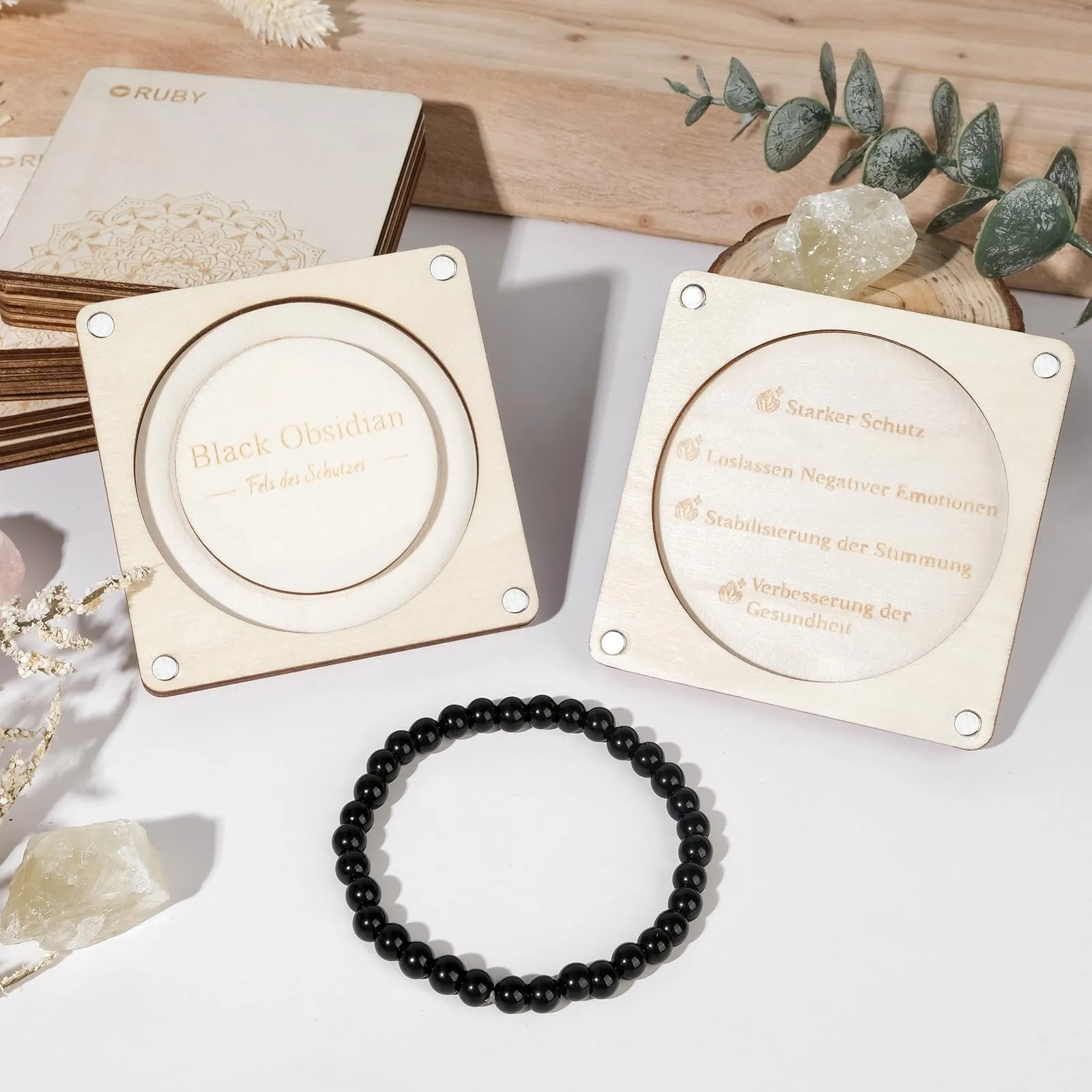 RUBY Bracciale da donna con pietra curativa da 6 mm, fatto a mano, in vera pietra naturale, braccialetto portafortuna, regalo squisito per madre e sorelle, scatola regalo magnetica in legno e perle di - immagine 7