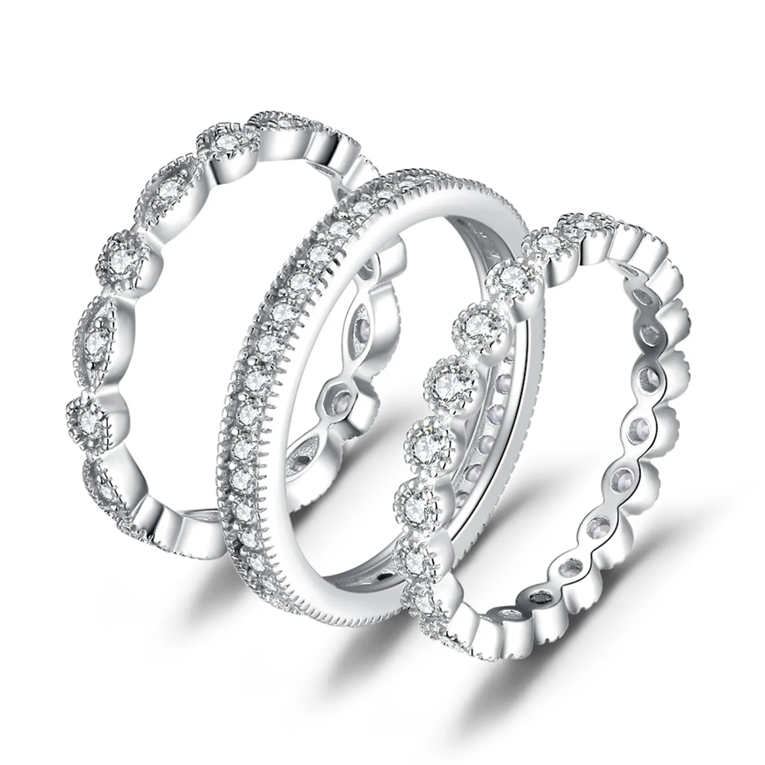 JewelryPalace 3 Anelli placcato oro bianco 14K, Fedine Fidanzamento Coppia, 2.1ct Diamante Simulato Anniversario Matrimonio Promessa Sposa Band Set, Gioielli Donna 8 - immagine 1