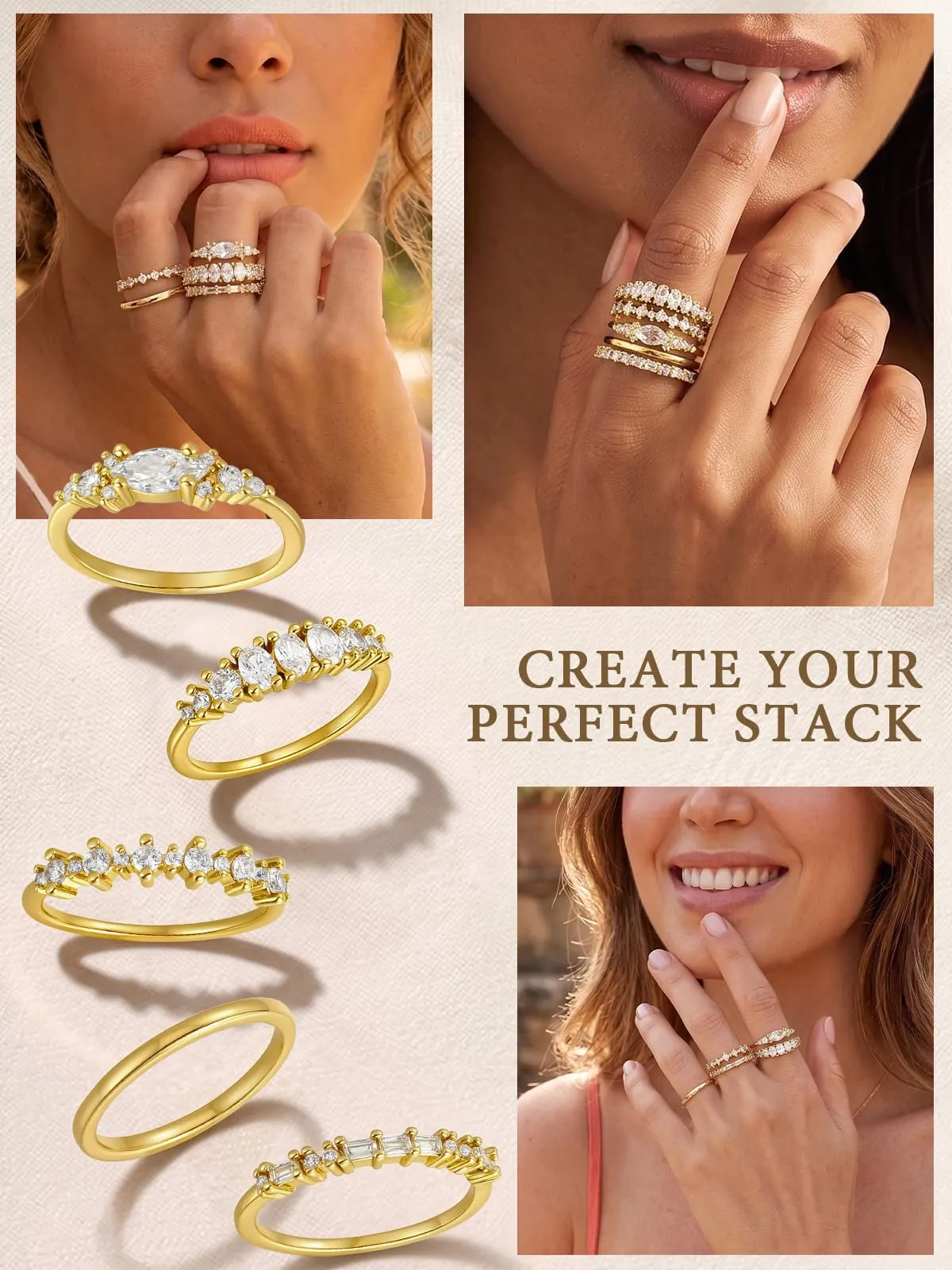 Emibele 14K Placcato Oro Anelli Impilabili Donna, 5 Pezzi - immagine 3