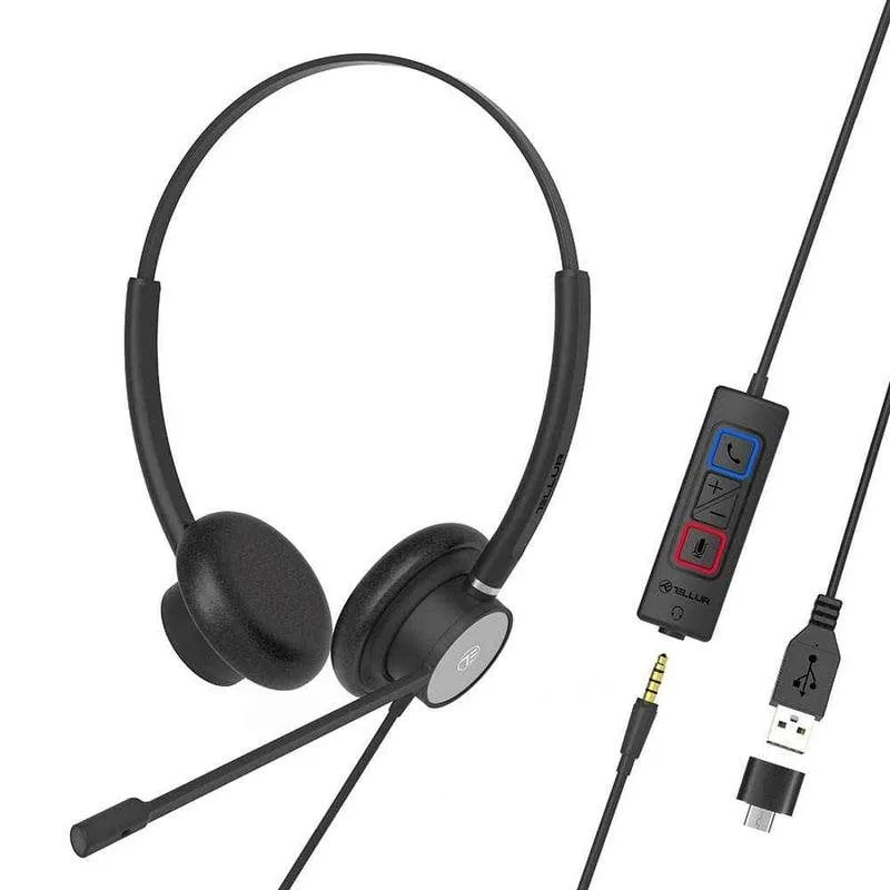 Cuffie Tellur Voice 420 con cavo USB-C e jack 3,5 mm per chiamate e audio nero - immagine 1