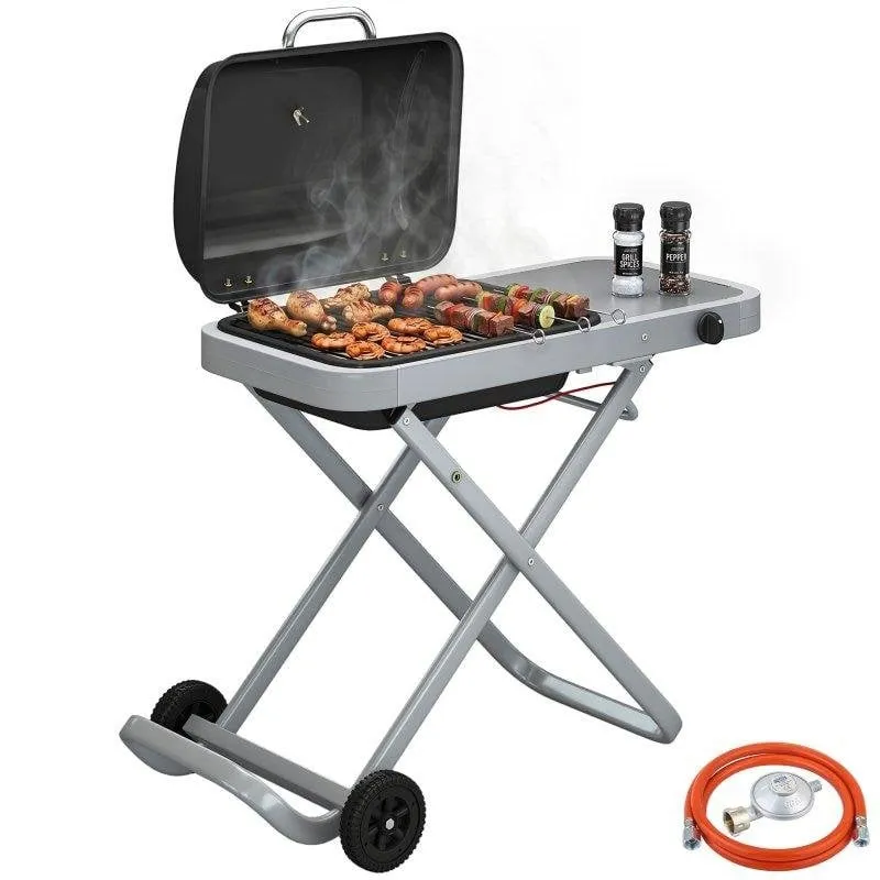 Barbecue a Gas Welltin Portatile 2,5 kW Pieghevole con Ruote e Termometro - immagine 1