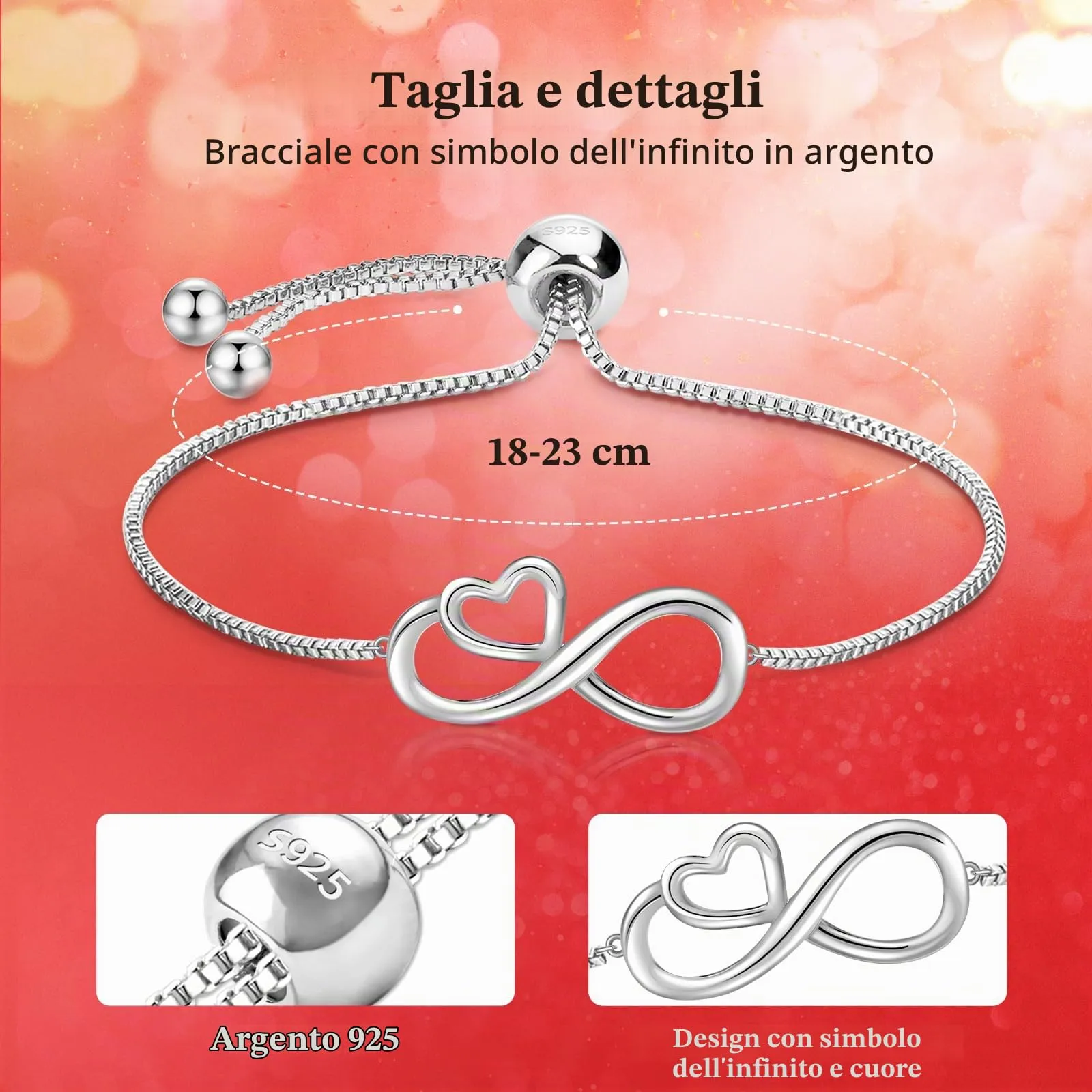 J.Fée Bracciale Argento 925 con Infinito Cuore Regalo per Donna, Mamma, Amica - Regolabile - immagine 2